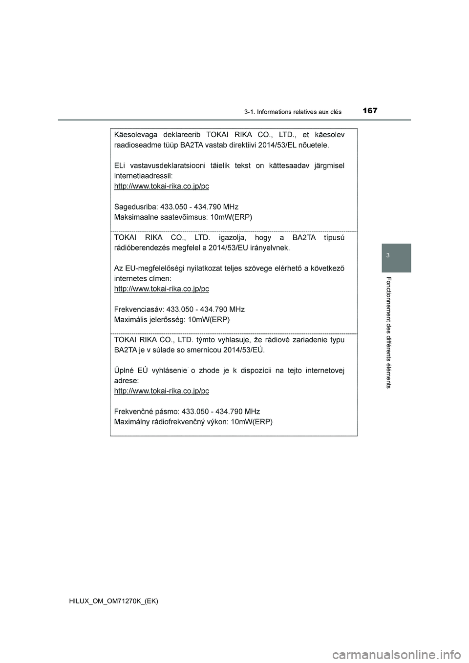 TOYOTA HILUX 2019  Manuel du propriétaire (in French) 1673-1. Informations relatives aux clés
3
Fonctionnement des différents éléments
HILUX_OM_OM71270K_(EK) 