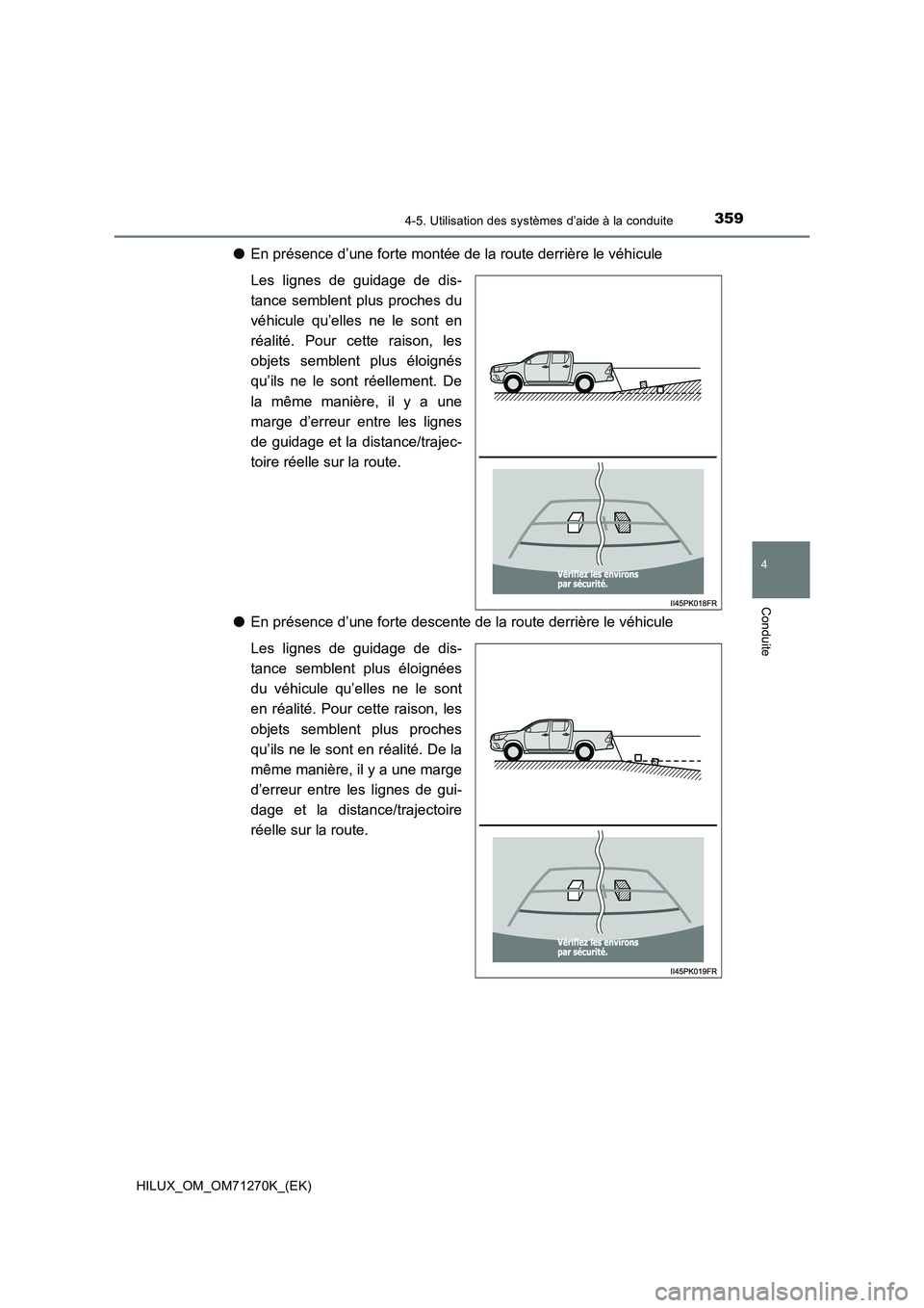 TOYOTA HILUX 2019  Manuel du propriétaire (in French) 3594-5. Utilisation des systèmes d’aide à la conduite
4
Conduite
HILUX_OM_OM71270K_(EK)
●En présence d’une forte montée de la route derrière le véhicule
Les lignes de guidage de dis-
tance