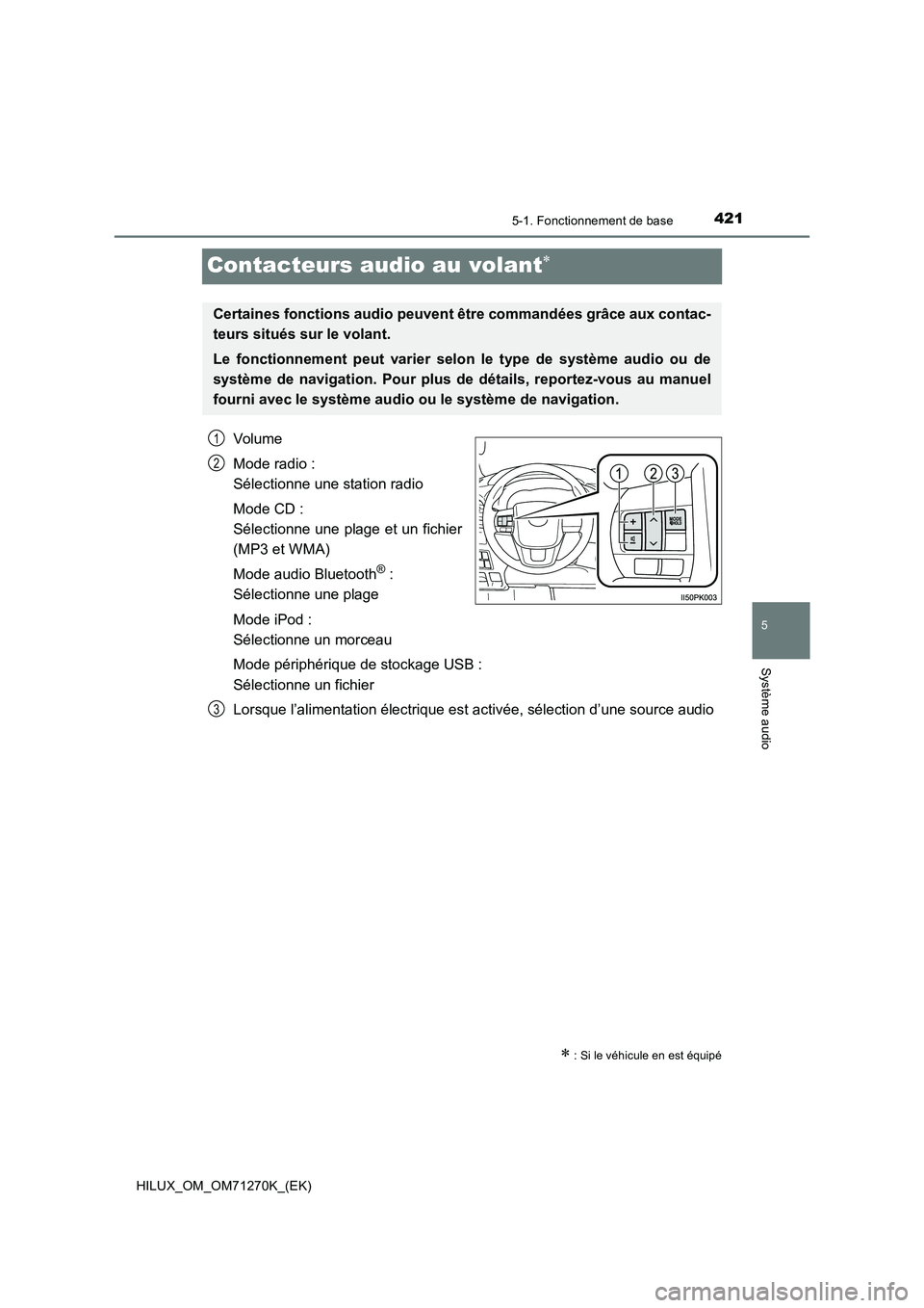 TOYOTA HILUX 2019  Manuel du propriétaire (in French) 421
5
5-1. Fonctionnement de base
Système audio
HILUX_OM_OM71270K_(EK)
Contacteurs audio au volant
Volume
Mode radio : 
Sélectionne une station radio
Mode CD : 
Sélectionne une plage et un fichi
