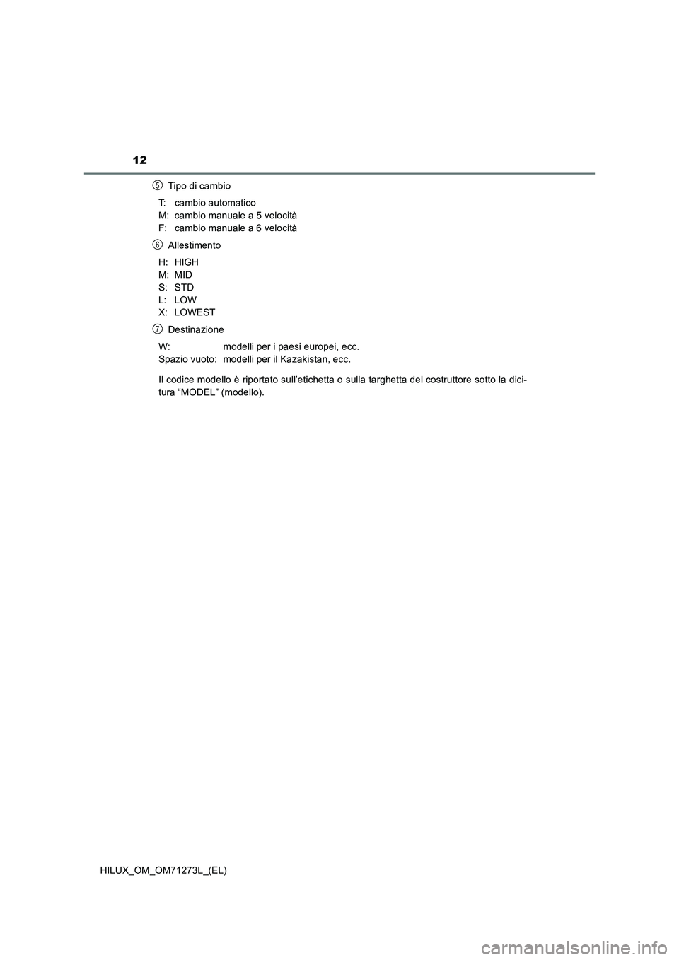 TOYOTA HILUX 2019  Manuale duso (in Italian) 12
HILUX_OM_OM71273L_(EL)Tip o di c amb io
T: cambio automatico
M: cambio manuale a 5 velocità
F: cambio manuale a 6 velocità
Allestimento
H: HIGH
M: MID
S: STD
L: LOW
X: LOWEST
Destinazione
W: mode