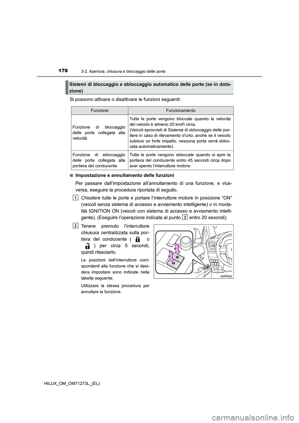 TOYOTA HILUX 2019 Manuale duso (in Italian) 1783-2. Apertura, chiusura e bloccaggio delle porte
HILUX_OM_OM71273L_(EL)
Si possono attivare o disattivare le funzioni seguenti:
■Impostazione e annullamento delle funzioni
Per passare dall’impo TOYOTA HILUX 2019 Manuale duso (in Italian) 1783-2. Apertura, chiusura e bloccaggio delle porte
HILUX_OM_OM71273L_(EL)
Si possono attivare o disattivare le funzioni seguenti:
■Impostazione e annullamento delle funzioni
Per passare dall’impo