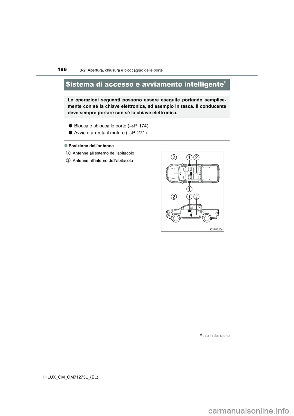 TOYOTA HILUX 2019  Manuale duso (in Italian) 1863-2. Apertura, chiusura e bloccaggio delle porte
HILUX_OM_OM71273L_(EL)
Sistema di accesso e avviamento intelligente
●Blocca e sblocca le porte (P. 174) 
● Avvia e arresta il motore (P