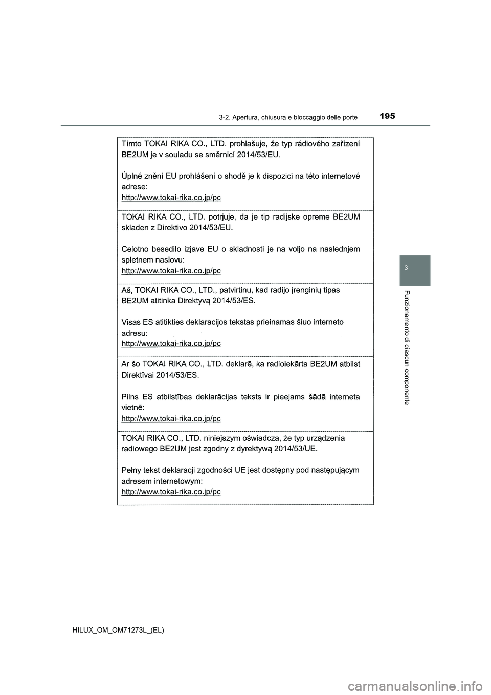 TOYOTA HILUX 2019  Manuale duso (in Italian) 1953-2. Apertura, chiusura e bloccaggio delle porte
3
Funzionamento di ciascun componente
HILUX_OM_OM71273L_(EL) 