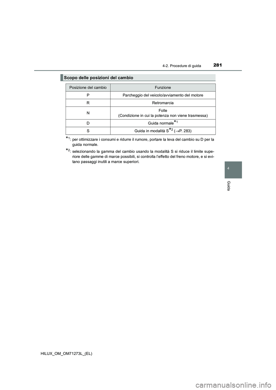 TOYOTA HILUX 2019  Manuale duso (in Italian) 2814-2. Procedure di guida
4
Guida
HILUX_OM_OM71273L_(EL)
*1: per ottimizzare i consumi e ridurre il rumore, portare la leva del cambio su D per la
guida normale.
*2: selezionando la gamma del cambio 