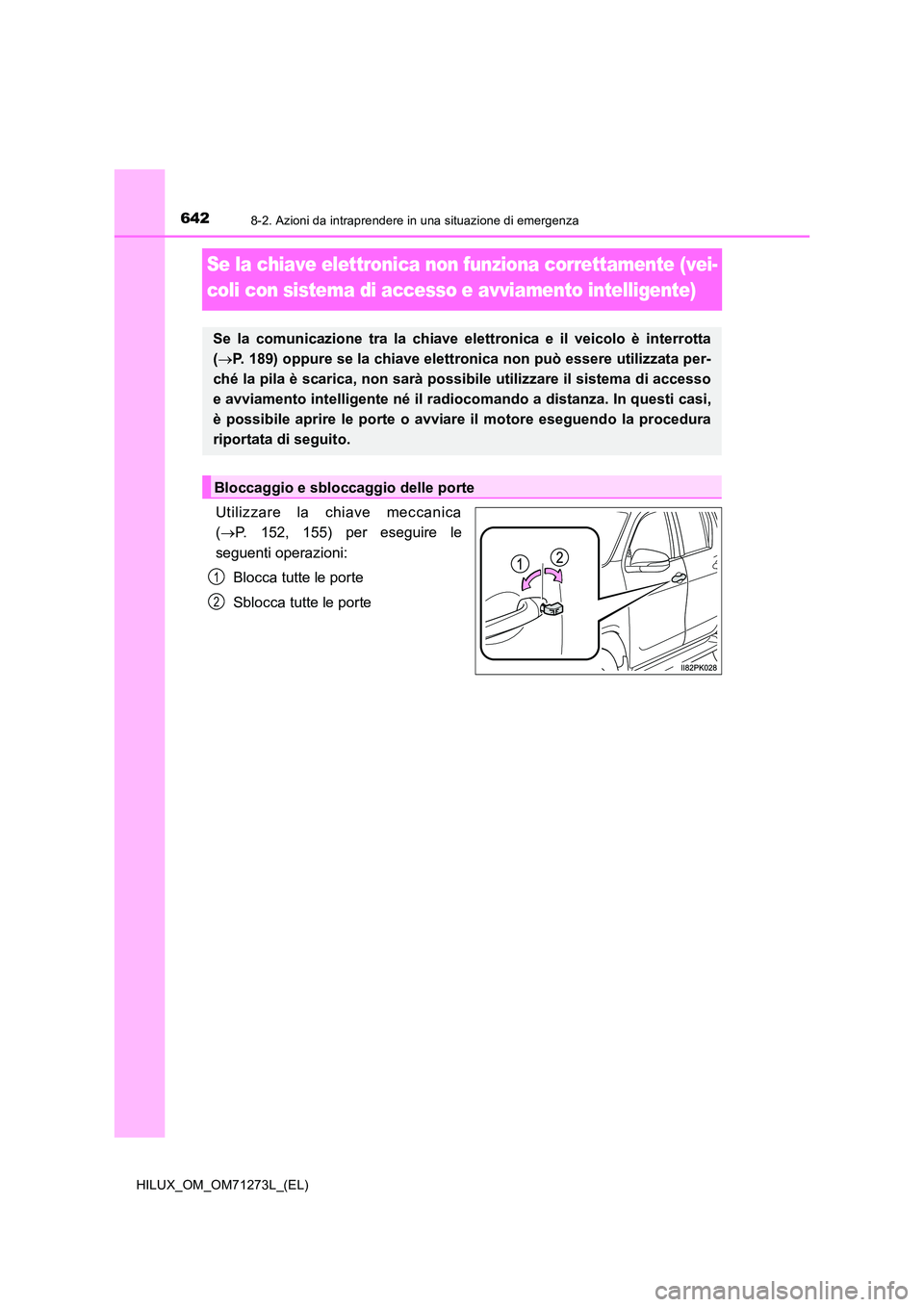 TOYOTA HILUX 2019  Manuale duso (in Italian) 6428-2. Azioni da intraprendere in una situazione di emergenza
HILUX_OM_OM71273L_(EL)
Se la chiave elettronica non funziona correttamente (vei- 
coli con sistema di accesso e avviamento intelligente)
