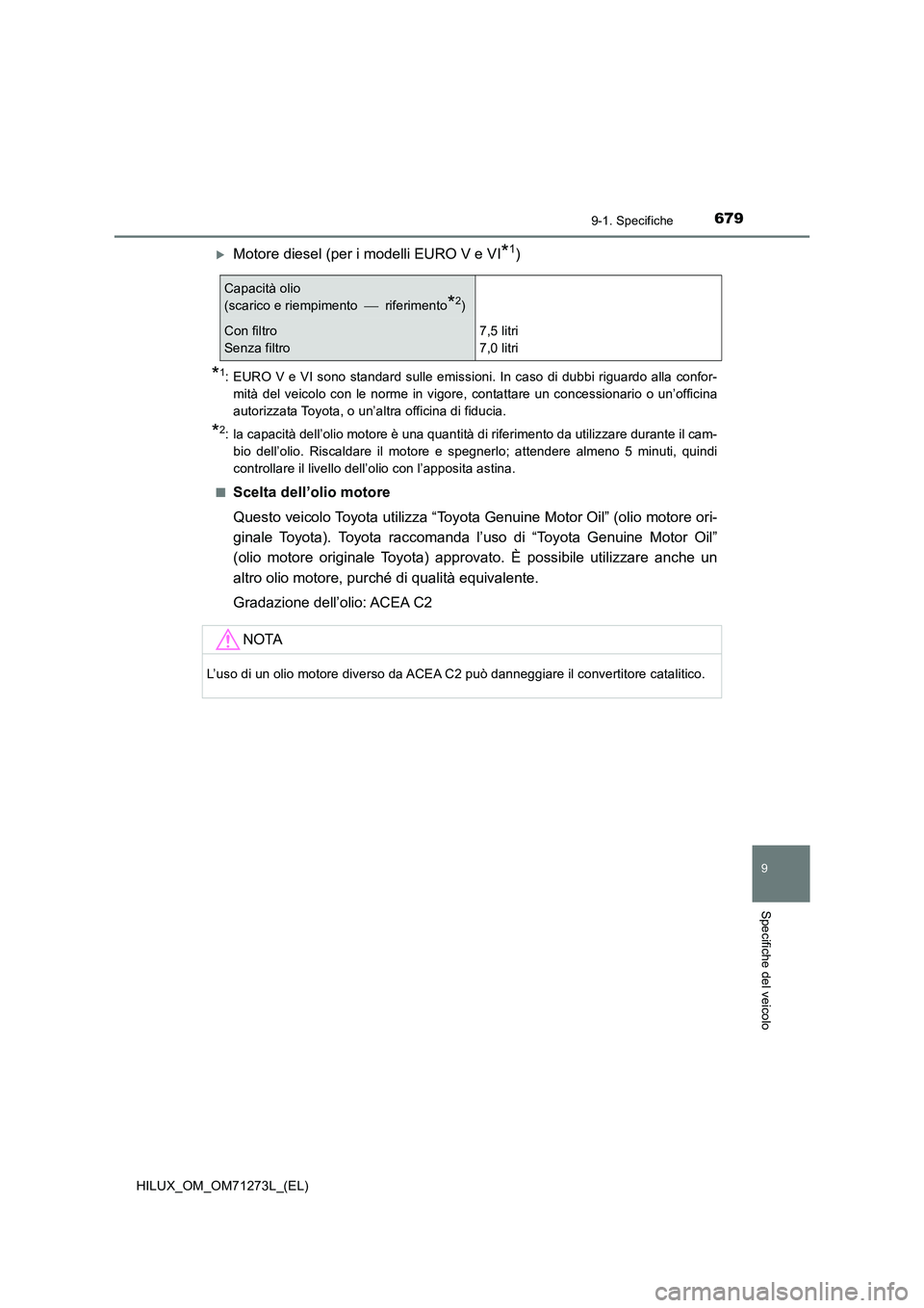 TOYOTA HILUX 2019  Manuale duso (in Italian) 679
9
9-1. Specifiche
Specifiche del veicolo
HILUX_OM_OM71273L_(EL)
Motore diesel (per i modelli EURO V e VI*1)
*1: EURO V e VI sono standard sulle emissioni. In caso di dubbi riguardo alla confor-