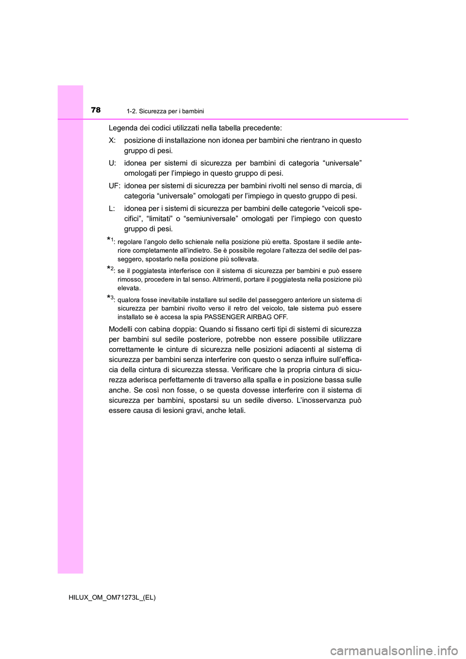 TOYOTA HILUX 2019  Manuale duso (in Italian) 781-2. Sicurezza per i bambini
HILUX_OM_OM71273L_(EL)
Legenda dei codici utilizzati nella tabella precedente: 
X: posizione di installazione non idonea per bambini che rientrano in questo 
gruppo di p