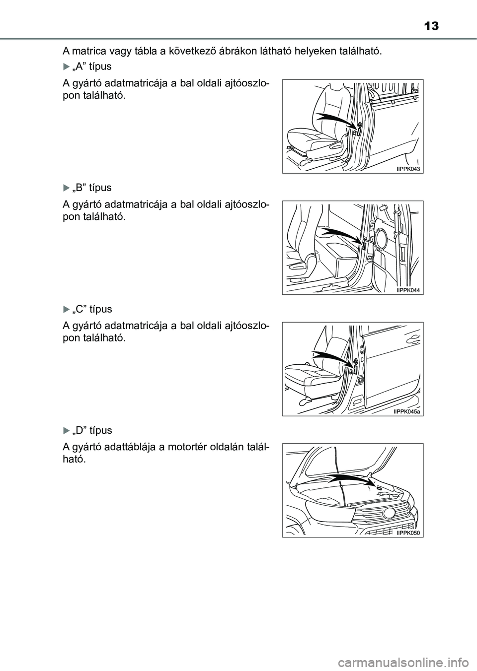 TOYOTA HILUX 2019  Kezelési útmutató (in Hungarian) 13
A matrica vagy tábla a következő ábrákon látható helyeken található.
„A” típus
„B” típus
„C” típus
„D” típus
A gyártó adatmatricája a bal oldali ajtóosz