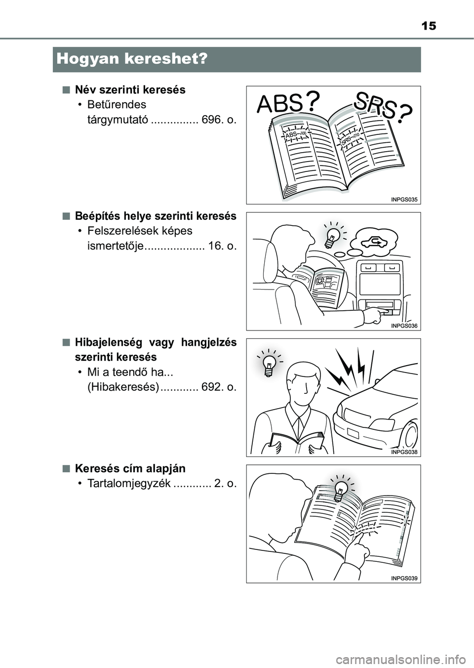 TOYOTA HILUX 2019  Kezelési útmutató (in Hungarian) 15
Hogyan kereshet?
nNév szerinti keresés• Betűrendes  tárgymutató ............... 696. o.
nBeépítés helye szerinti keresés
• Felszerelések képes ismertetője................... 16. o.
