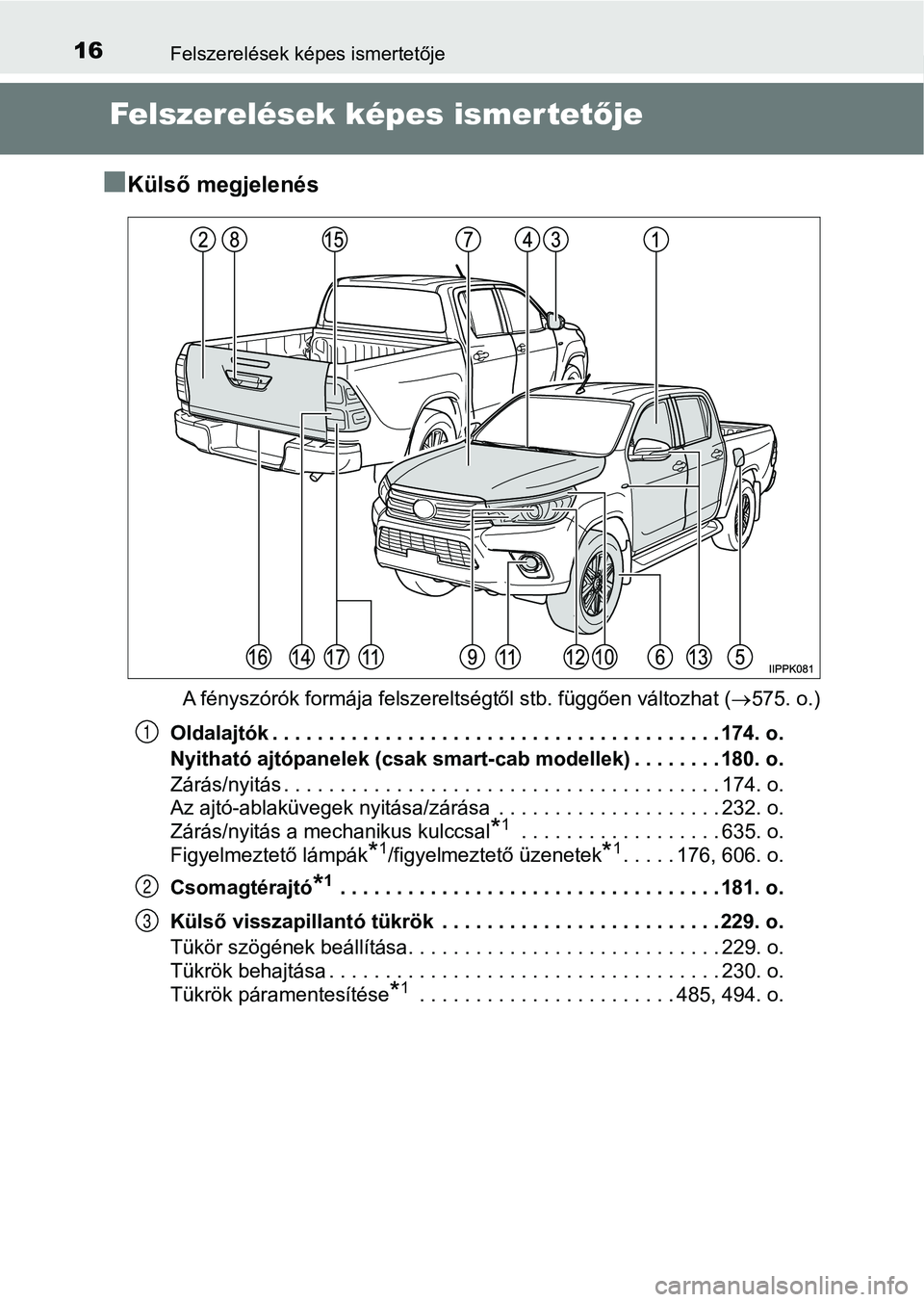 TOYOTA HILUX 2019  Kezelési útmutató (in Hungarian) 16Felszerelések képes ismertetője
Felszerelések képes ismertetője
n
Külső megjelenés
A fényszórók formája felszereltségtől stb. függően változhat ( 575. o.)
Oldalajtók . . . . . 