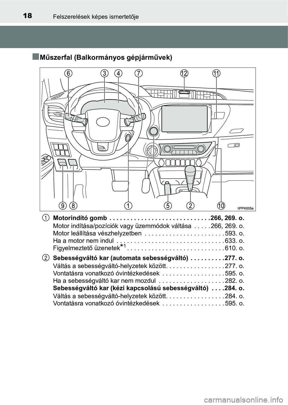TOYOTA HILUX 2019  Kezelési útmutató (in Hungarian) 18Felszerelések képes ismertetője
nMűszerfal (Balkormányos gépjárművek)
Motorindító gomb  . . . . . . . . . . . . . . . . . . . . . . . . . . . . . 266, 269. o.
Motor indítása/pozíciók v