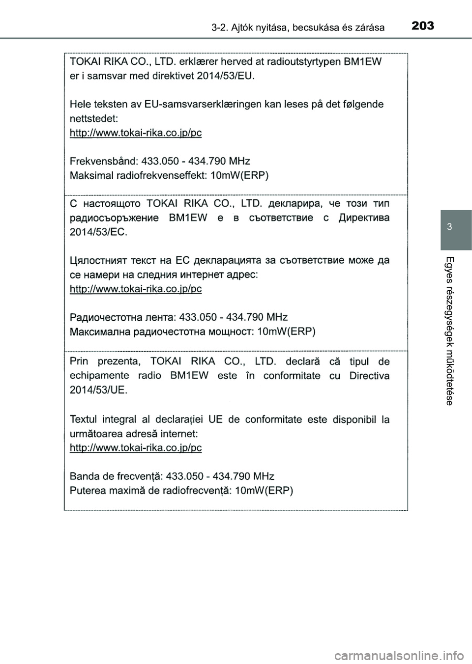 TOYOTA HILUX 2019  Kezelési útmutató (in Hungarian) 2033-2. Ajtók nyitása, becsukása és zárása
3
Egyes részegysége k működtetése 