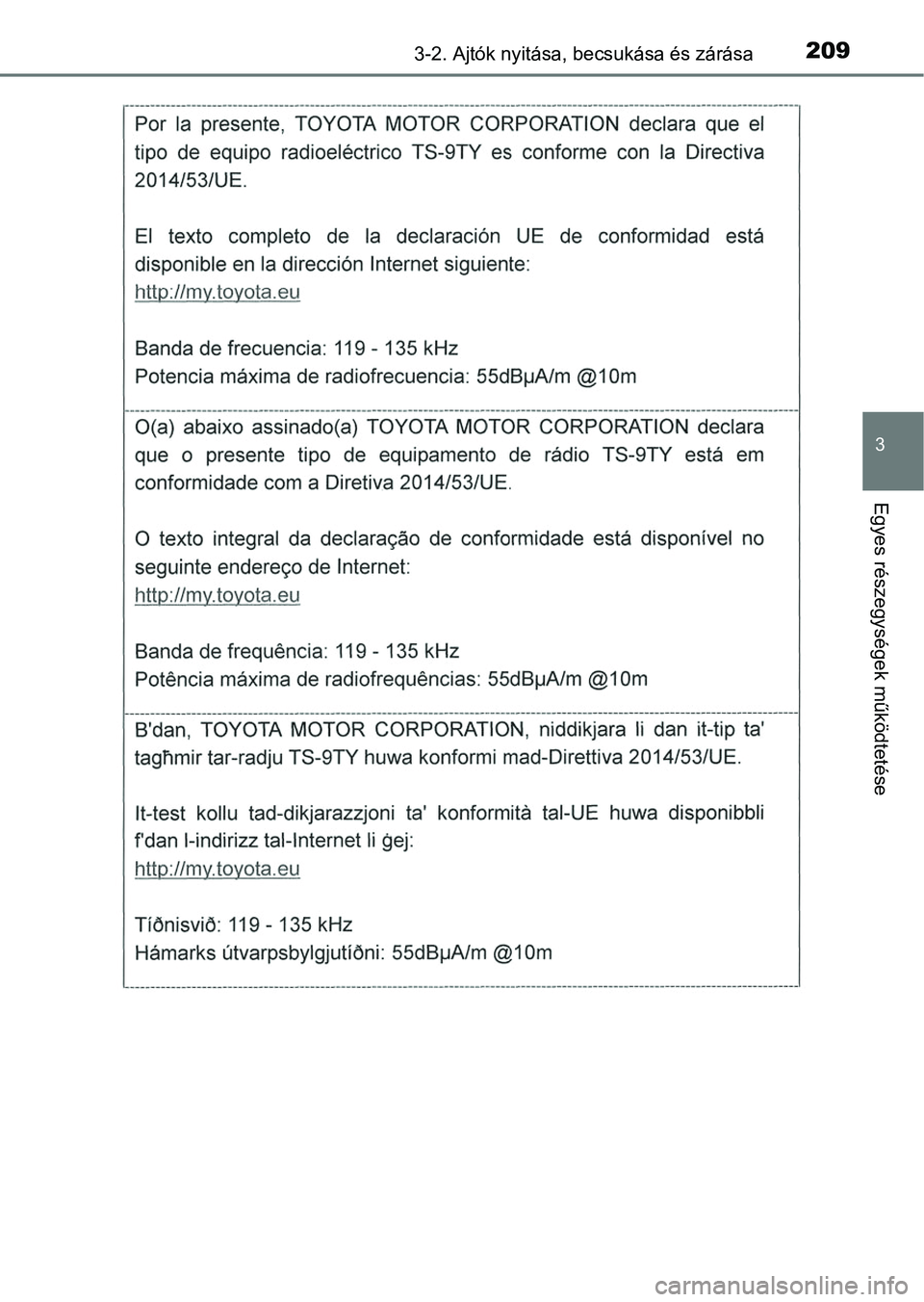TOYOTA HILUX 2019  Kezelési útmutató (in Hungarian) 2093-2. Ajtók nyitása, becsukása és zárása
3
Egyes részegysége k működtetése 