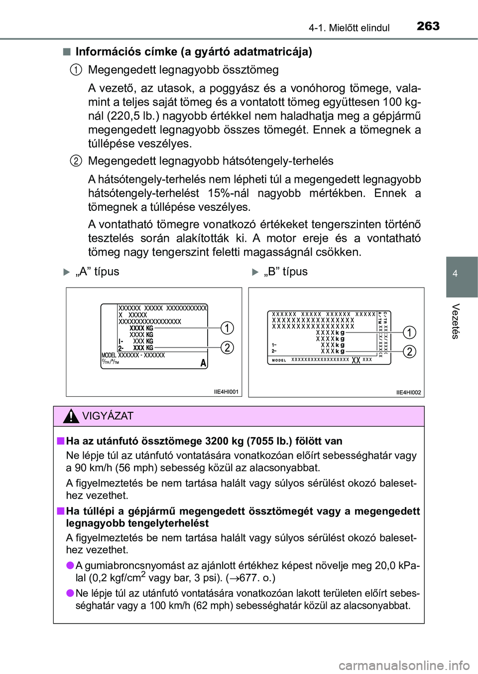 TOYOTA HILUX 2019  Kezelési útmutató (in Hungarian) 2634-1. Mielőtt elindul
4
Vezetés
nInformációs címke (a gyártó adatmatricája)Megengedett leg nagyobb össztömeg
A  vezető,  az  utasok,  a  poggyász  és  a  vonóhorog  tömege,  vala-
min