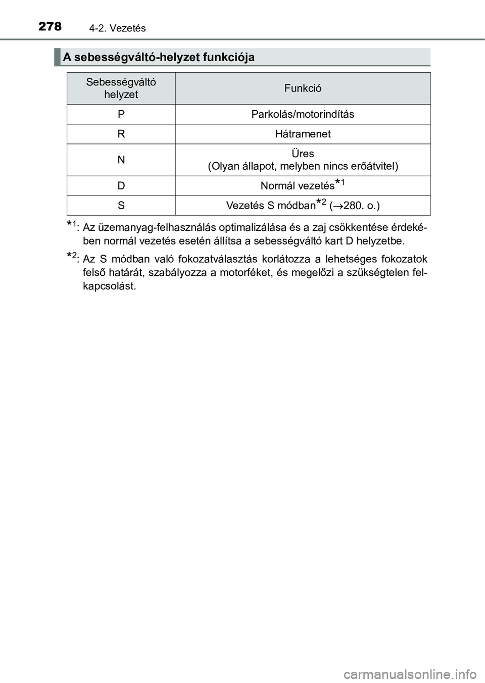 TOYOTA HILUX 2019  Kezelési útmutató (in Hungarian) 2784-2. Vezetés
*1: Az üzemanyag-felhasználás optimalizálása és a zaj csökkentése érdeké-
ben normál vezetés esetén állítsa a sebességváltó kart D helyze tbe.
*2: Az  S  módban  va