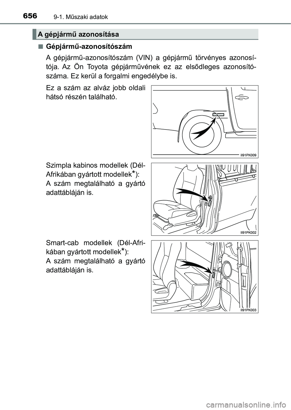 TOYOTA HILUX 2019  Kezelési útmutató (in Hungarian) 6569-1. Műszaki adatok
nGépjármű-azonosítószám
A  gépjármű-azonosítószám  (VIN)  a  gépjármű  törvényes  azonosí-
tója.  Az  Ön  Toyota  gépjárművének  ez  az  elsődleges  az