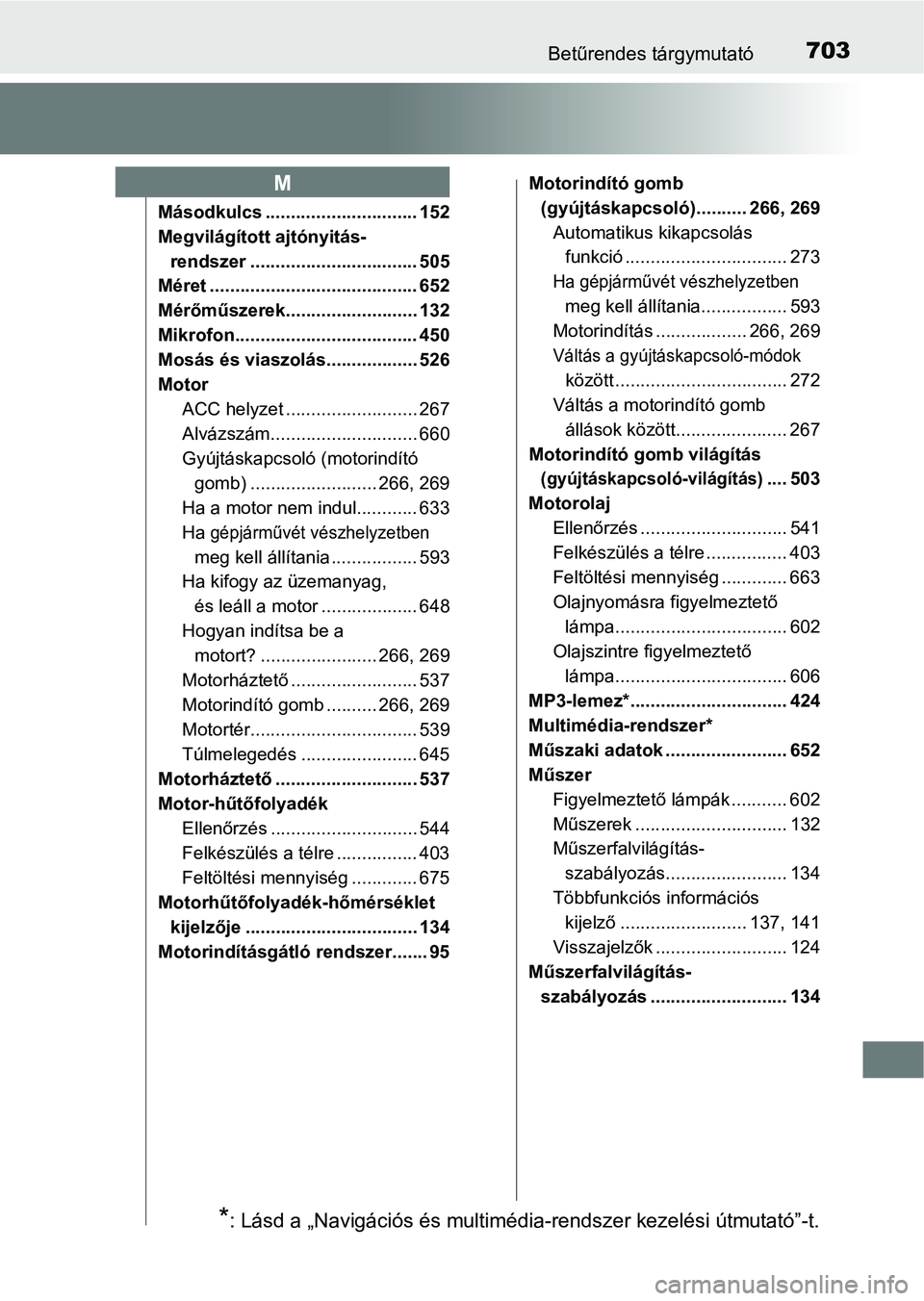 TOYOTA HILUX 2019  Kezelési útmutató (in Hungarian) 703Betűrendes tárgymutató
Másodkulcs .............................. 152
Megvilágított ajtónyitás- rendszer ................................. 505
Méret ........................................