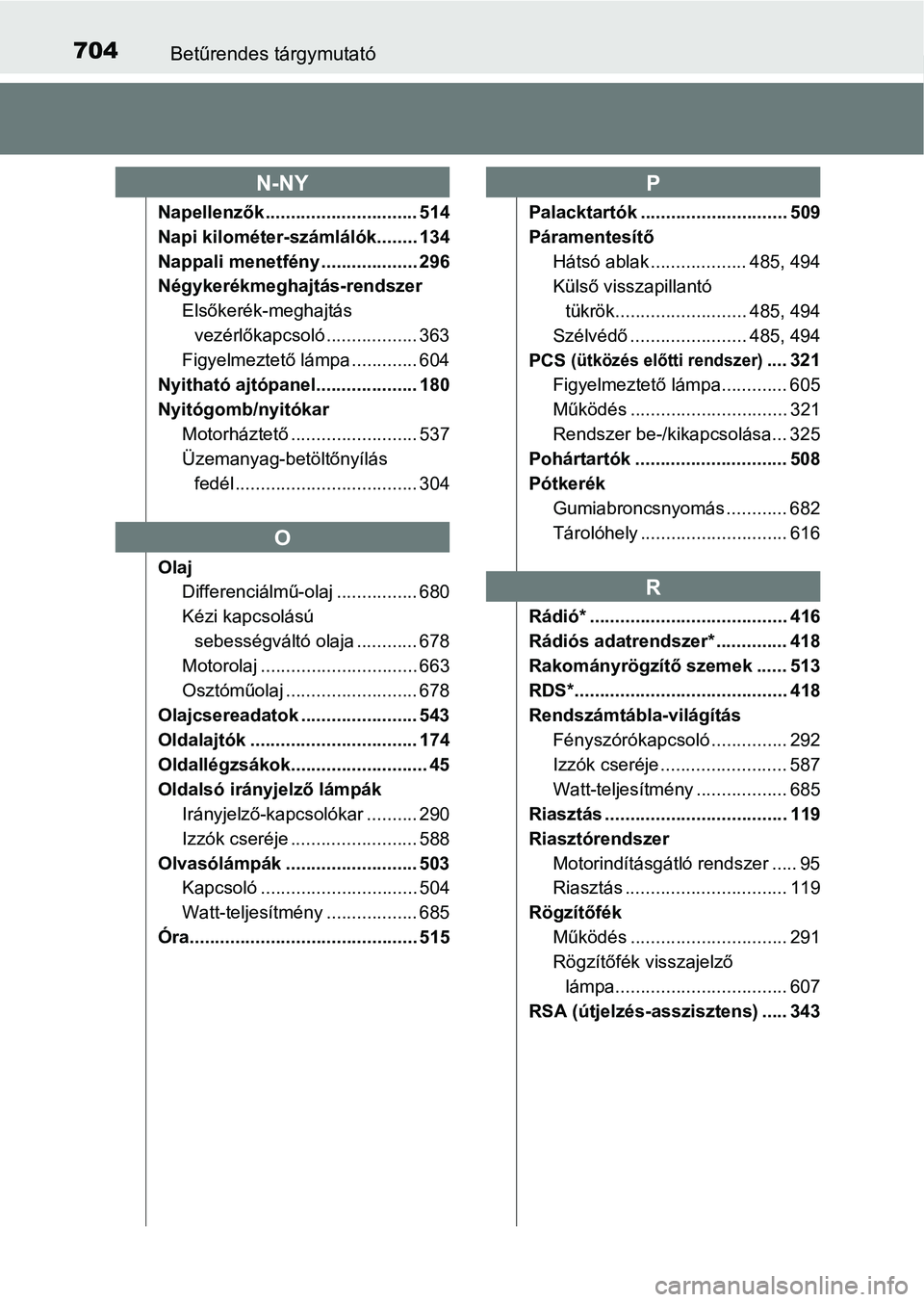 TOYOTA HILUX 2019  Kezelési útmutató (in Hungarian) 704Betűrendes tárgymutató
Napellenzők .............................. 514
Napi kilométer-számlálók........ 134
Nappali menetfény ................... 296
Négykerékmeghajtás-rendszerElsőker