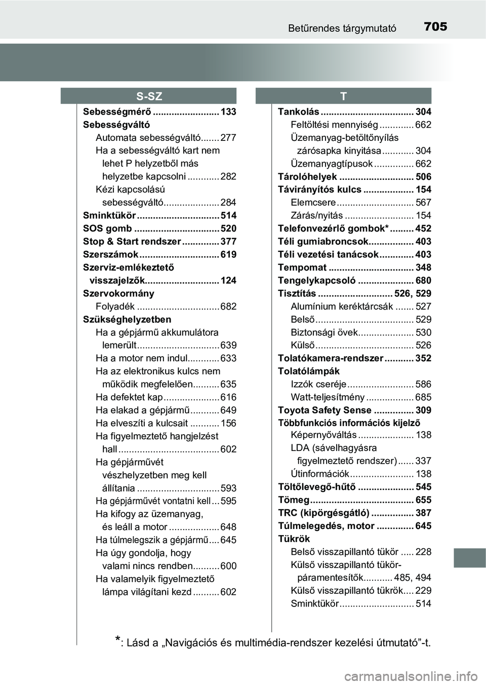 TOYOTA HILUX 2019  Kezelési útmutató (in Hungarian) 705Betűrendes tárgymutató
Sebességmérő ......................... 133
SebességváltóAutomata sebességváltó....... 277
Ha a sebességváltó kart nem lehet P helyzetből más 
helyzetbe kapcs