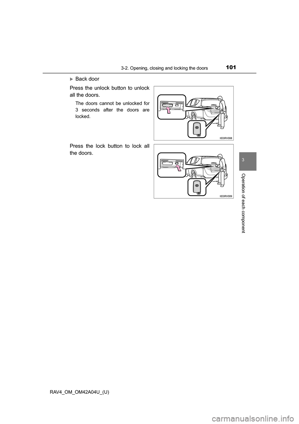 TOYOTA RAV4 2014 XA40 / 4.G Owners Manual RAV4_OM_OM42A04U_(U)
1013-2. Opening, closing and locking the doors
3
Operation of each component
Back door
Press the unlock button to unlock
all the doors.
The doors cannot be unlocked for
3 secon
