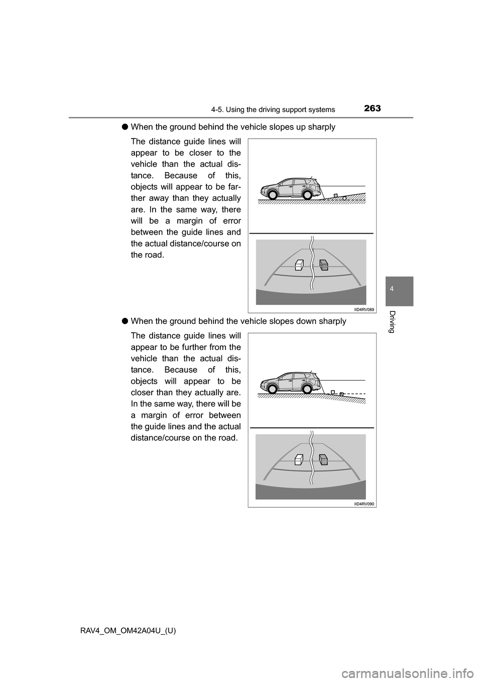 TOYOTA RAV4 2014 XA40 / 4.G Owners Manual RAV4_OM_OM42A04U_(U)
2634-5. Using the driving support systems
4
Driving
●When the ground behind the vehicle slopes up sharply
The distance guide lines will
appear to be closer to the
vehicle than t