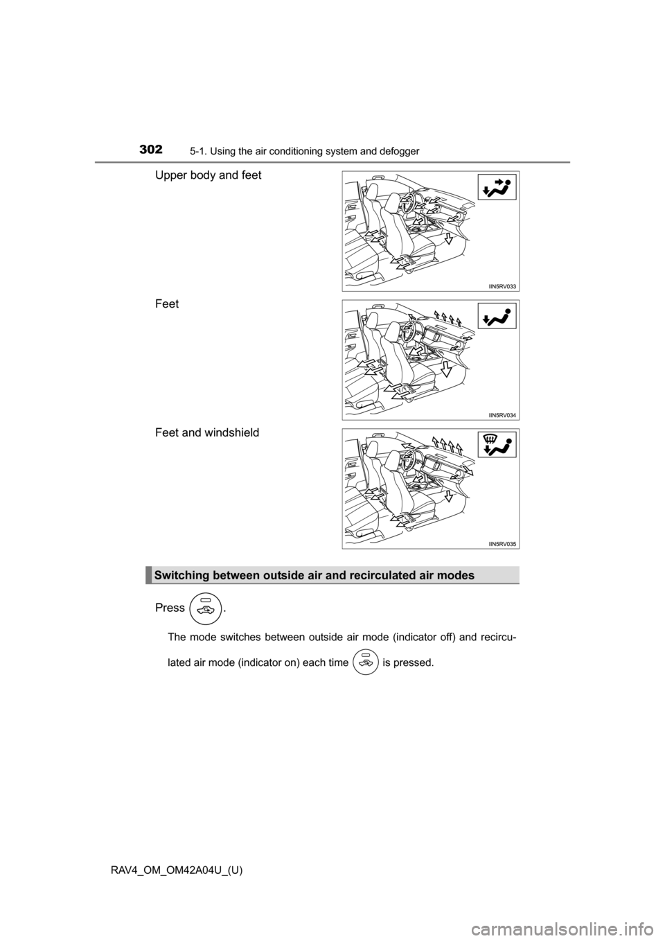 TOYOTA RAV4 2014 XA40 / 4.G Owners Manual 302
RAV4_OM_OM42A04U_(U)
5-1. Using the air conditioning system and defogger
Upper body and feet
Feet
Feet and windshield
Press .
The mode switches between outside air mode (indicator off) and recircu