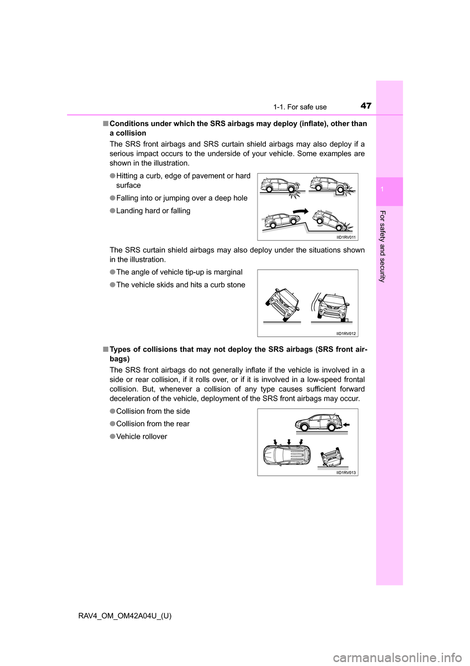 TOYOTA RAV4 2014 XA40 / 4.G Owners Manual 471-1. For safe use
RAV4_OM_OM42A04U_(U)
1
For safety and security
■Conditions under which the SRS airbags may deploy (inflate), other than
a collision 
The SRS front airbags and SRS curtain shield 