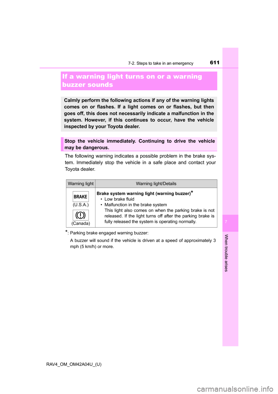 TOYOTA RAV4 2014 XA40 / 4.G Owners Manual 611
RAV4_OM_OM42A04U_(U)
7
When trouble arises
7-2. Steps to take in an emergency
If a warning light turns on or a warning 
buzzer sounds
The following warning indicates a possible problem in the brak