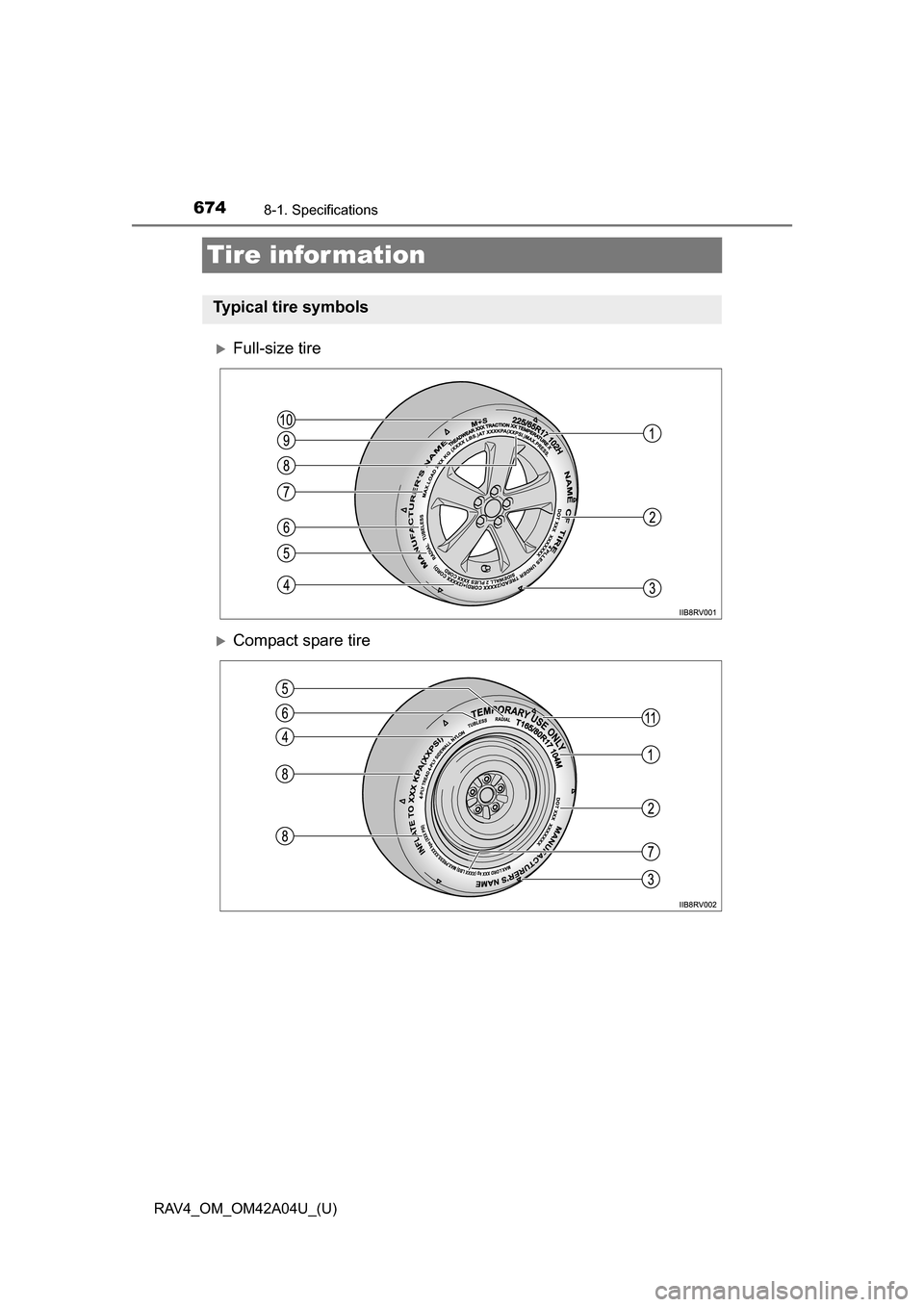 TOYOTA RAV4 2014 XA40 / 4.G Owners Manual 674
RAV4_OM_OM42A04U_(U)
8-1. Specifications
Tire infor mation
Full-size tire
Compact spare tire
Typical tire symbols 