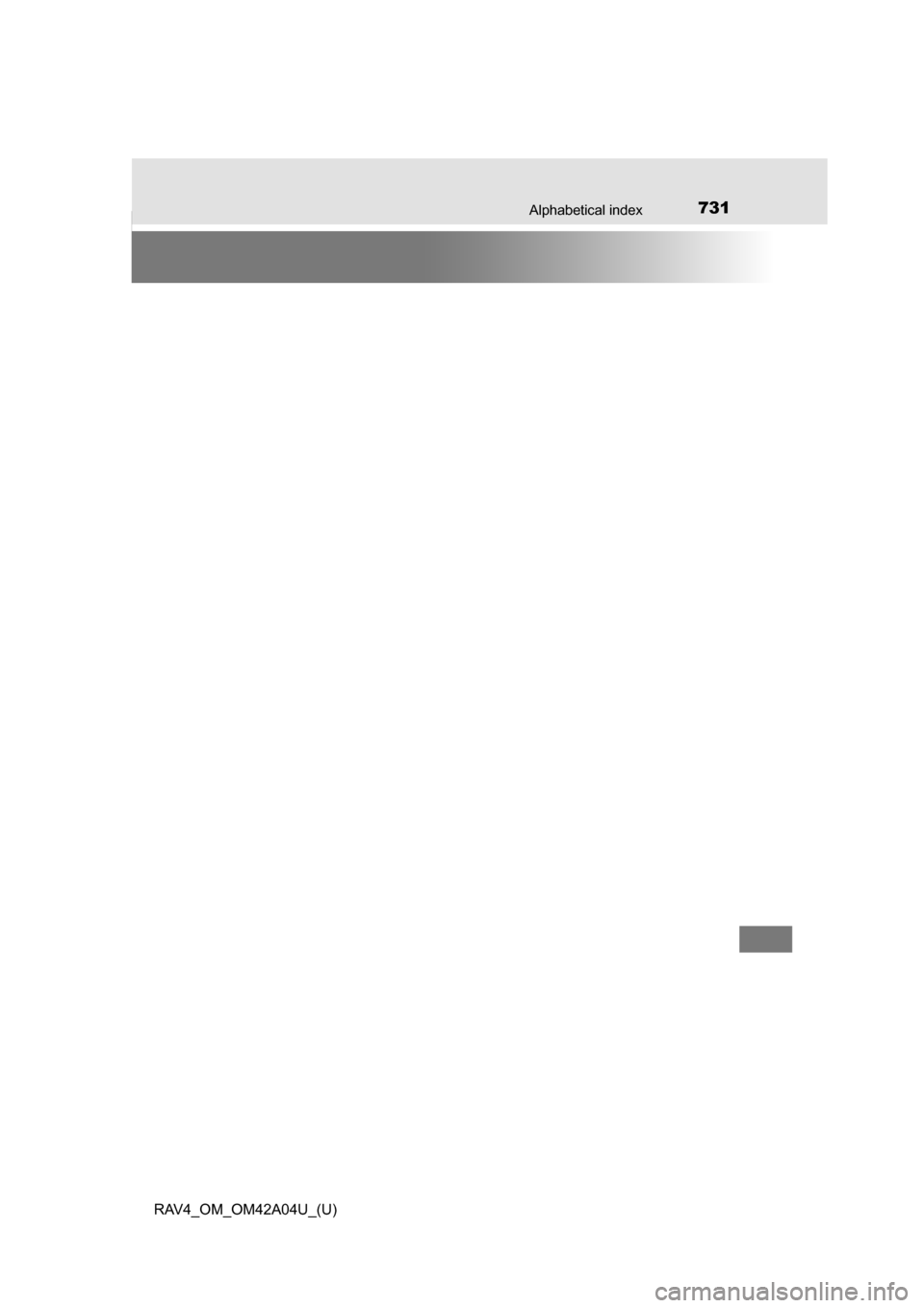 TOYOTA RAV4 2014 XA40 / 4.G Owners Manual 731Alphabetical index
RAV4_OM_OM42A04U_(U) 
