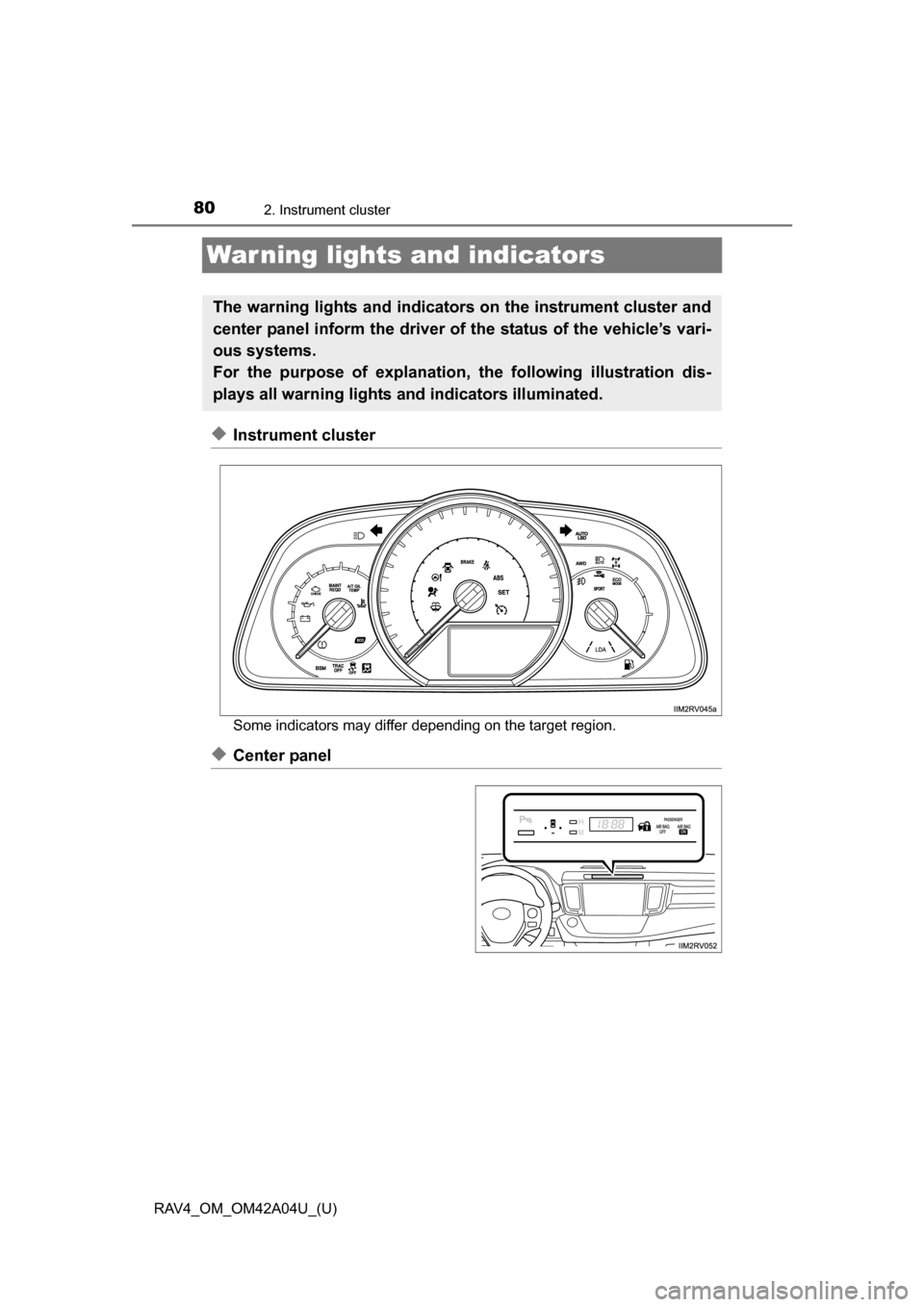TOYOTA RAV4 2014 XA40 / 4.G Owners Manual 80
RAV4_OM_OM42A04U_(U)
2. Instrument cluster
War ning lights and indicators
◆Instrument cluster
Some indicators may differ depending on the target region.
◆Center panel
The warning lights and ind