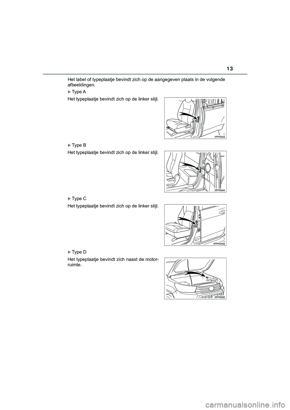 TOYOTA HILUX 2019  Instructieboekje (in Dutch) 13
HILUX_OM_OM0K375E_(EE)Het label of typeplaatje bevindt zich op de aangegeven plaats i
n de volgende
afbeeldingen.
Type A
Type B
Type C
Type D
Het typeplaatje bevindt zich op de linker s