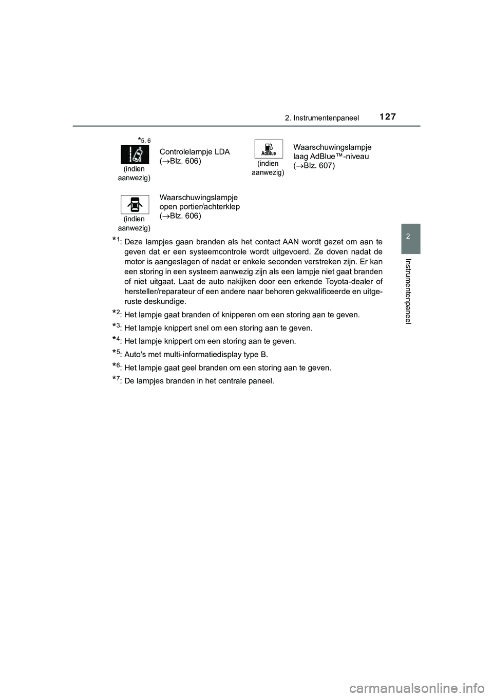TOYOTA HILUX 2019 Instructieboekje (in Dutch) 1272. Instrumentenpaneel
2
Instrumentenpaneel
HILUX_OM_OM0K375E_(EE)
*1: Deze lampjes gaan branden als het contact AAN wordt gezet om aan te
geven dat er een systeemcontrole wordt uit TOYOTA HILUX 2019 Instructieboekje (in Dutch) 1272. Instrumentenpaneel
2
Instrumentenpaneel
HILUX_OM_OM0K375E_(EE)
*1: Deze lampjes gaan branden als het contact AAN wordt gezet om aan te
geven dat er een systeemcontrole wordt uit