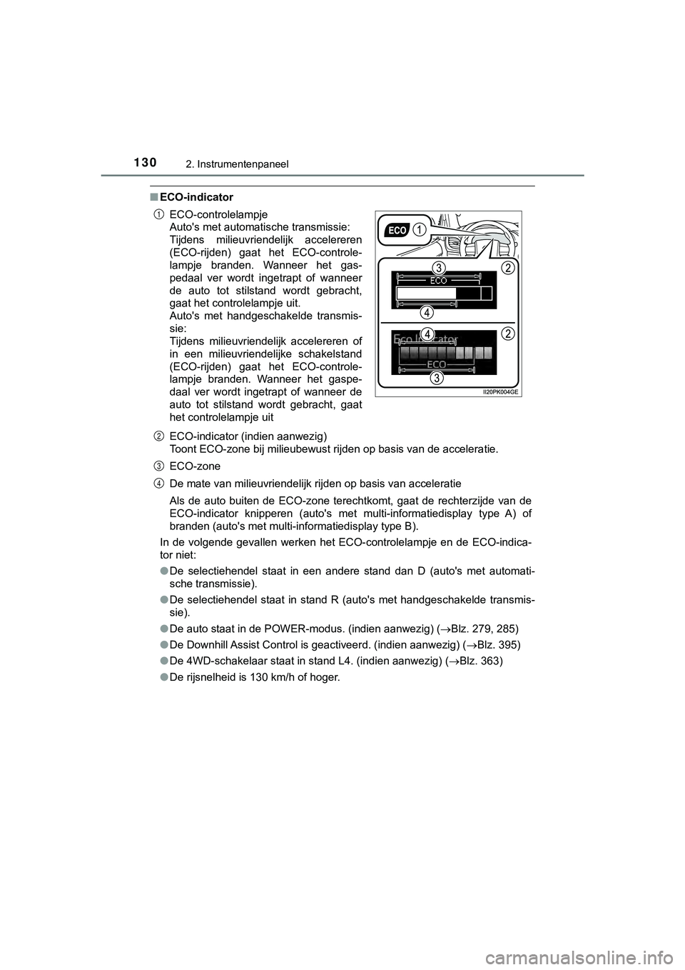 TOYOTA HILUX 2019 Instructieboekje (in Dutch) 1302. Instrumentenpaneel
HILUX_OM_OM0K375E_(EE)
■ECO-indicator
ECO-indicator (indien aanwezig)
Toont ECO-zone bij milieubewust rijden op basis van de accelera tie.
ECO-zone
De mate van milieuvriende TOYOTA HILUX 2019 Instructieboekje (in Dutch) 1302. Instrumentenpaneel
HILUX_OM_OM0K375E_(EE)
■ECO-indicator
ECO-indicator (indien aanwezig)
Toont ECO-zone bij milieubewust rijden op basis van de accelera tie.
ECO-zone
De mate van milieuvriende