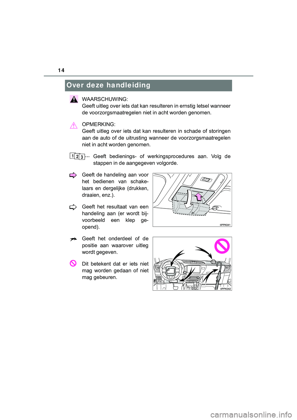 TOYOTA HILUX 2019  Instructieboekje (in Dutch) 14
HILUX_OM_OM0K375E_(EE)
Over deze handleiding
WAARSCHUWING: 
Geeft uitleg over iets dat kan resulteren in ernstig letsel wanneer
de voorzorgsmaatregelen niet in acht worden genomen.
OPMERKING: 
Geef