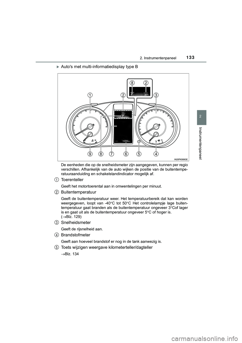 TOYOTA HILUX 2019  Instructieboekje (in Dutch) 1332. Instrumentenpaneel
2
Instrumentenpaneel
HILUX_OM_OM0K375E_(EE)
Auto's met multi-informatiedisplay type B
De eenheden die op de snelheidsmeter zijn aangegeven, kunnen per regio
verschillen