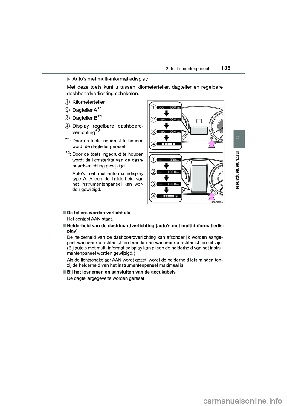 TOYOTA HILUX 2019 Instructieboekje (in Dutch) 1352. Instrumentenpaneel
2
Instrumentenpaneel
HILUX_OM_OM0K375E_(EE)
Auto's met multi-informatiedisplay
Met deze toets kunt u tussen kilometerteller, dagteller en rege lbare
dashboardv TOYOTA HILUX 2019 Instructieboekje (in Dutch) 1352. Instrumentenpaneel
2
Instrumentenpaneel
HILUX_OM_OM0K375E_(EE)
Auto's met multi-informatiedisplay
Met deze toets kunt u tussen kilometerteller, dagteller en rege lbare
dashboardv