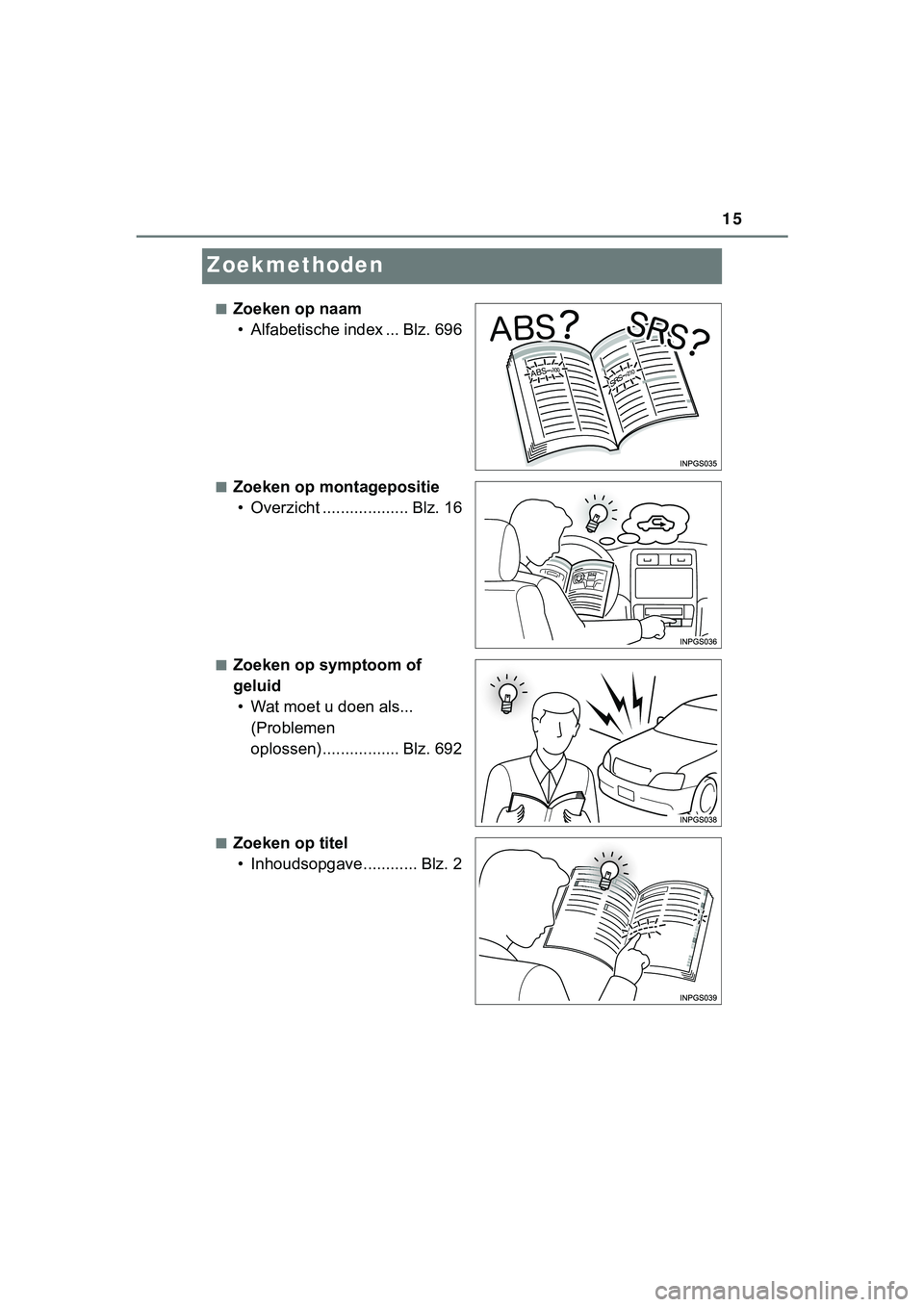TOYOTA HILUX 2019  Instructieboekje (in Dutch) 15
HILUX_OM_OM0K375E_(EE)
Zoekmethoden
■Zoeken op naam• Alfabetische index ... Blz. 696
■Zoeken op montagepositie• Overzicht ................... Blz. 16
■Zoeken op symptoom of 
geluid• Wat