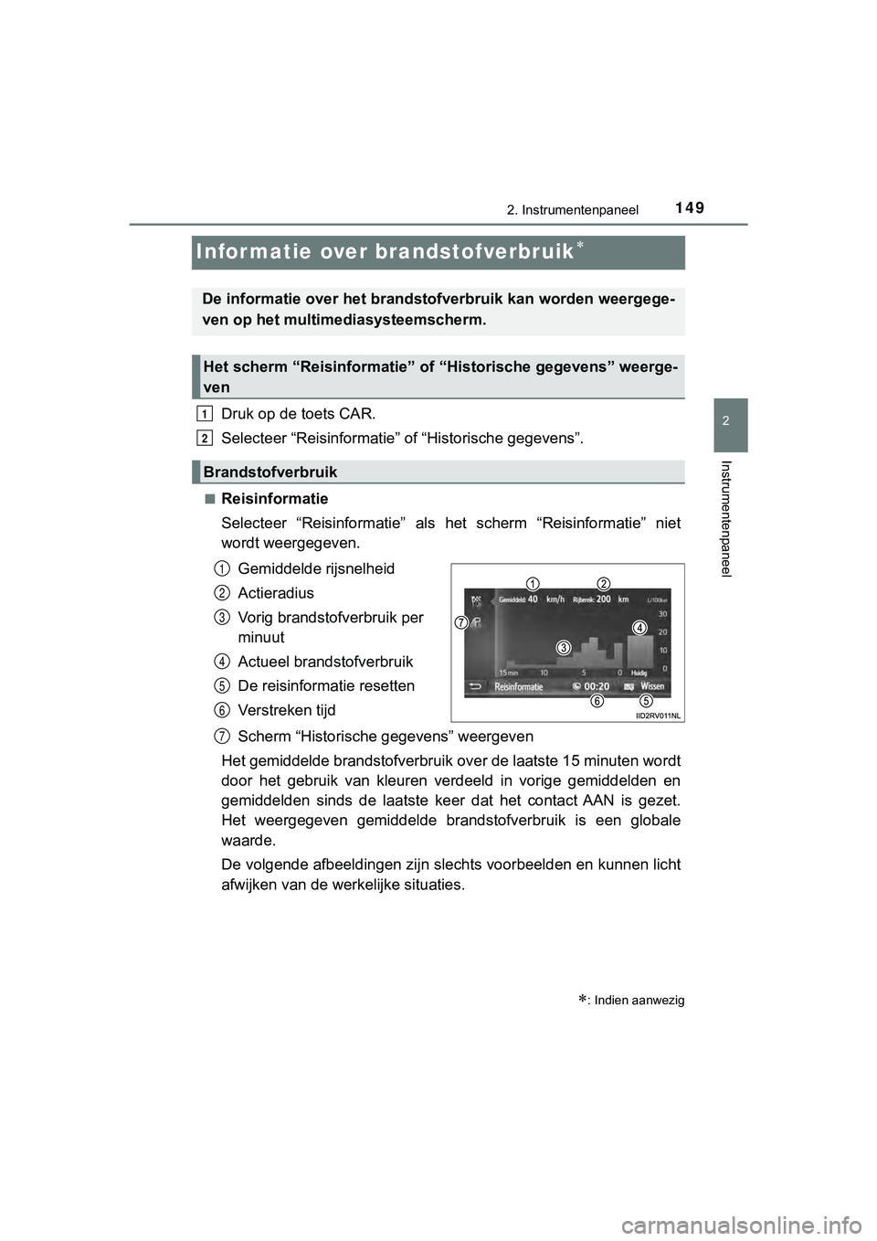 TOYOTA HILUX 2019 Instructieboekje (in Dutch) 149
2
2. Instrumentenpaneel
Instrumentenpaneel
HILUX_OM_OM0K375E_(EE)
Informatie over brandstofverbruik
Druk op de toets CAR.
Selecteer “Reisinformatie” of “Historische gegevens”.
■Reisin TOYOTA HILUX 2019 Instructieboekje (in Dutch) 149
2
2. Instrumentenpaneel
Instrumentenpaneel
HILUX_OM_OM0K375E_(EE)
Informatie over brandstofverbruik
Druk op de toets CAR.
Selecteer “Reisinformatie” of “Historische gegevens”.
■Reisin