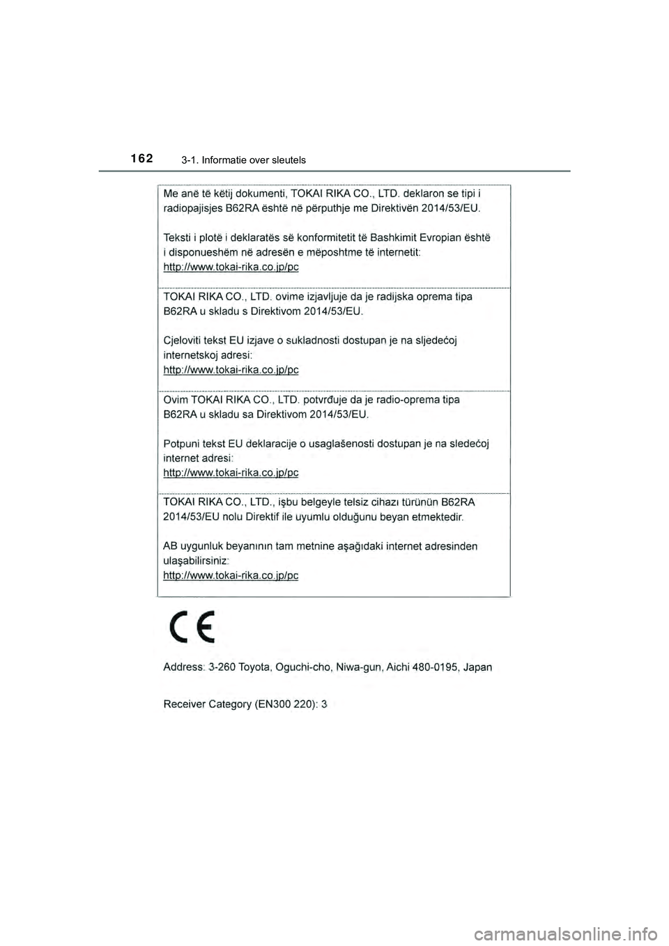TOYOTA HILUX 2019  Instructieboekje (in Dutch) 1623-1. Informatie over sleutels
HILUX_OM_OM0K375E_(EE)
HILUX_OM_OM0K375E_(EE).book  Page 162  Thursday, April 12, 2018  12:31 PM 