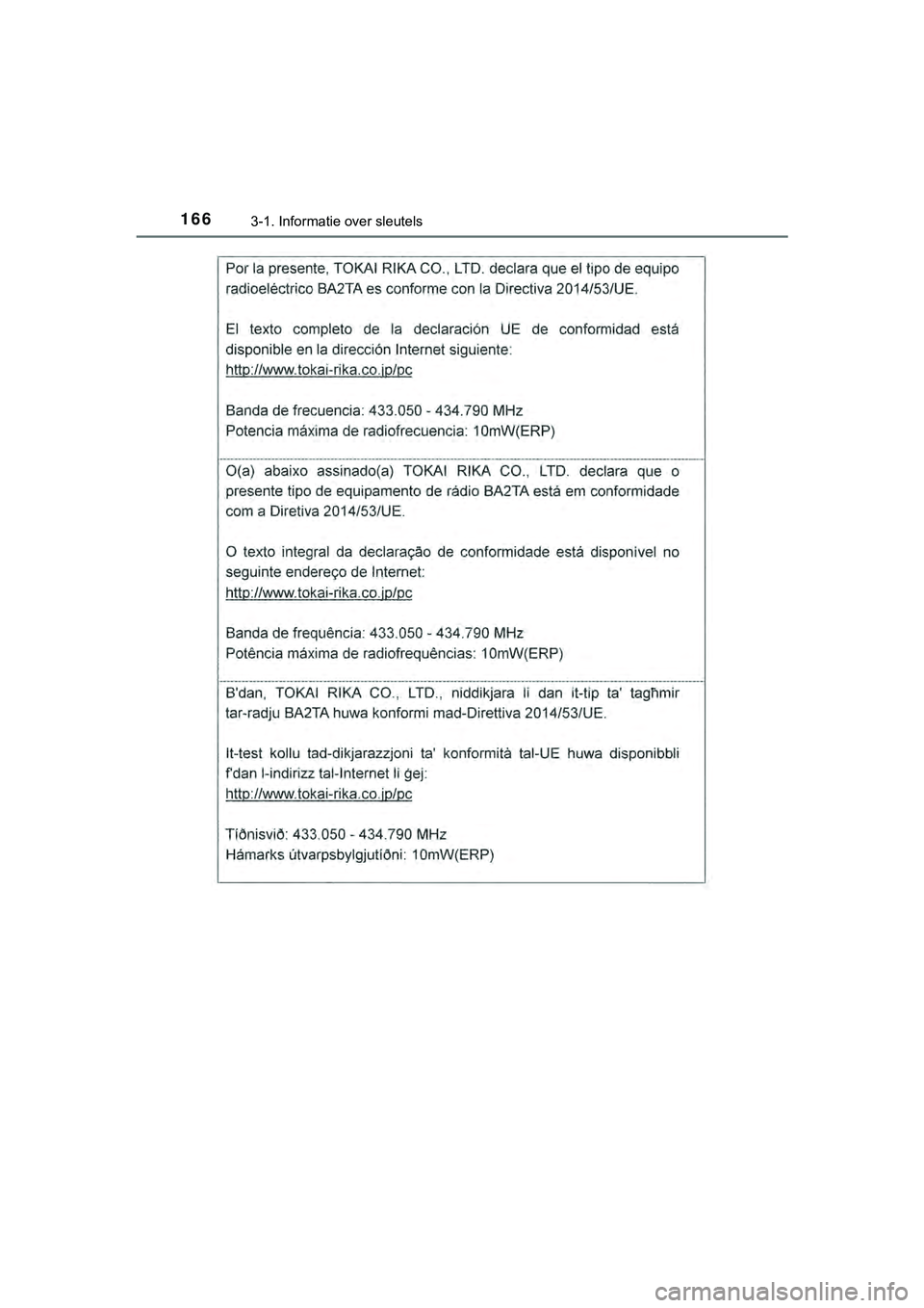 TOYOTA HILUX 2019  Instructieboekje (in Dutch) 1663-1. Informatie over sleutels
HILUX_OM_OM0K375E_(EE)
HILUX_OM_OM0K375E_(EE).book  Page 166  Thursday, April 12, 2018  12:31 PM 