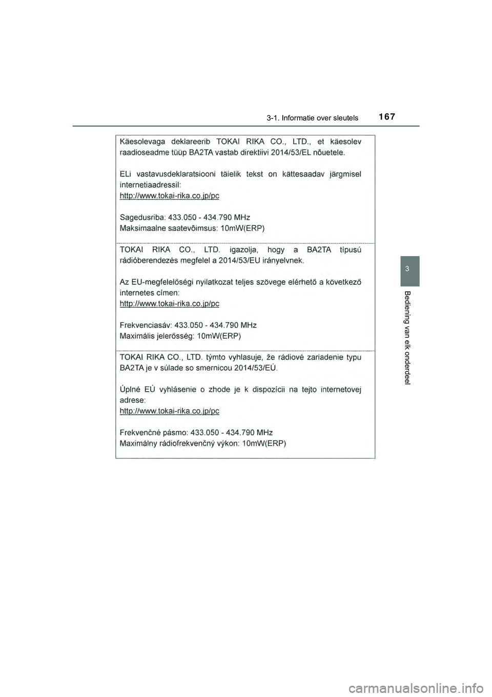 TOYOTA HILUX 2019  Instructieboekje (in Dutch) 1673-1. Informatie over sleutels
3
Bediening van elk onderdeel
HILUX_OM_OM0K375E_(EE)
HILUX_OM_OM0K375E_(EE).book  Page 167  Thursday, April 12, 2018  12:31 PM 