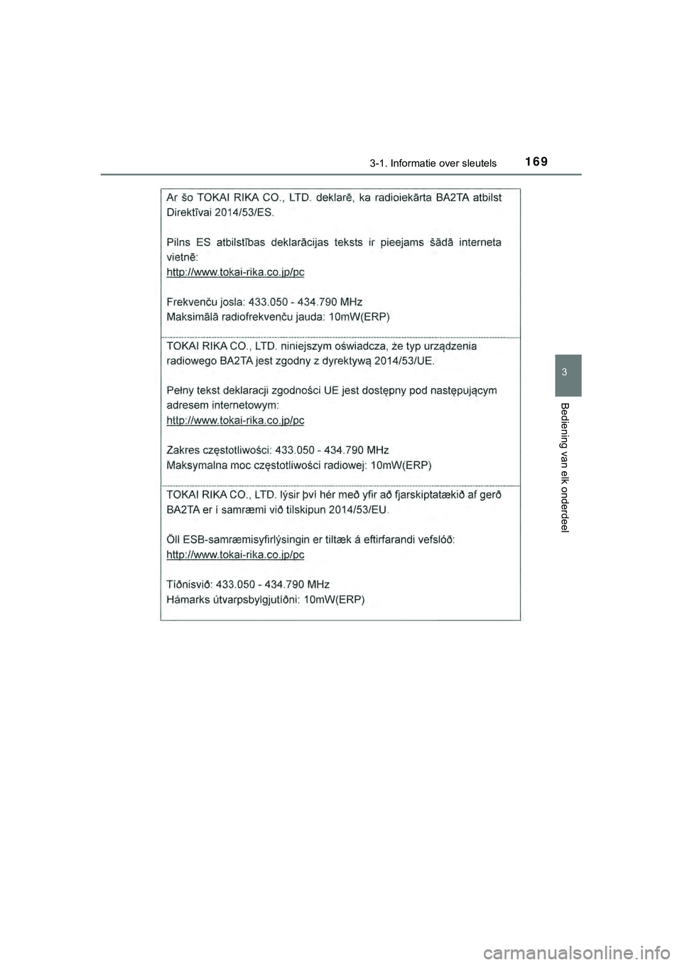 TOYOTA HILUX 2019  Instructieboekje (in Dutch) 1693-1. Informatie over sleutels
3
Bediening van elk onderdeel
HILUX_OM_OM0K375E_(EE)
HILUX_OM_OM0K375E_(EE).book  Page 169  Thursday, April 12, 2018  12:31 PM 