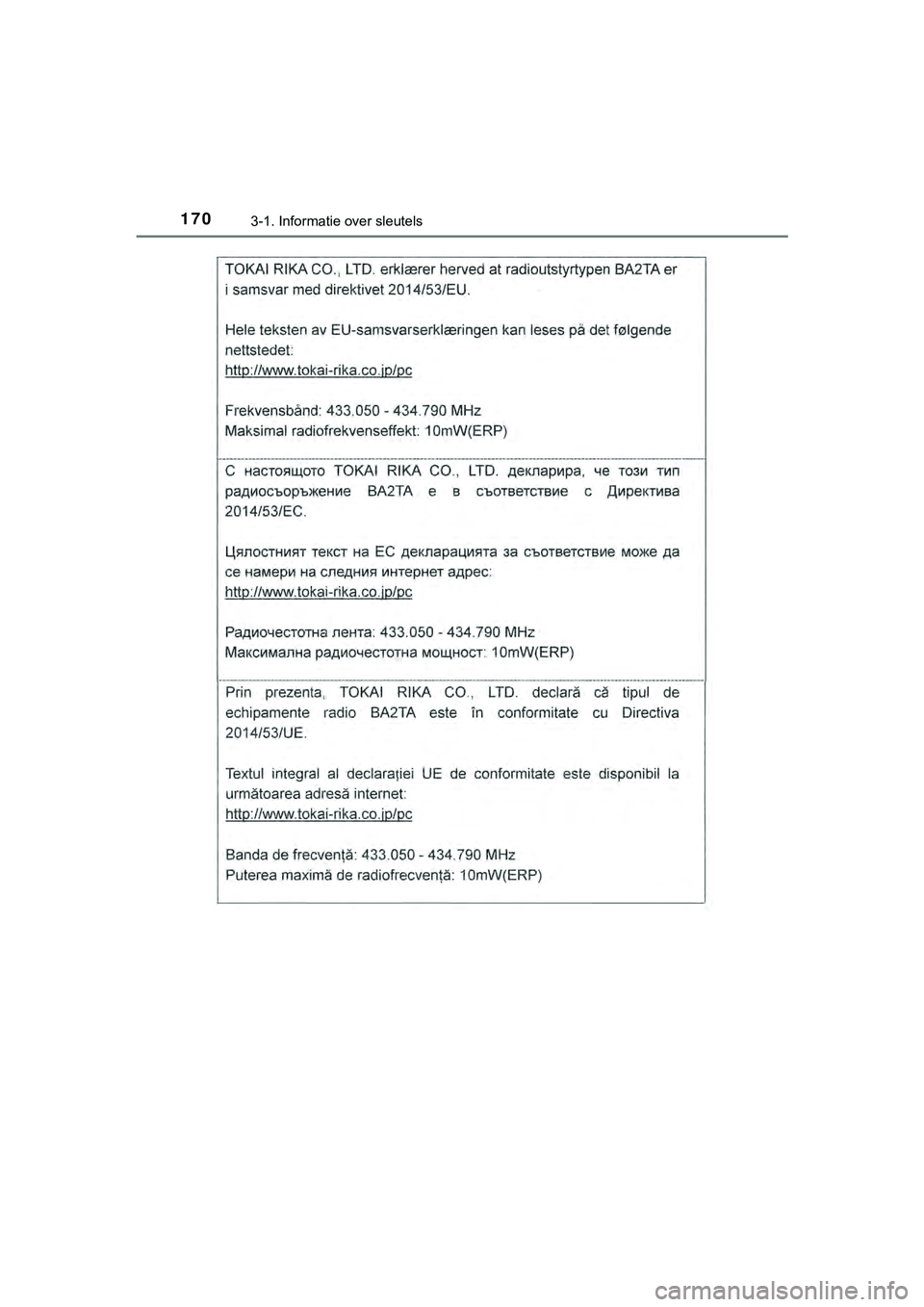 TOYOTA HILUX 2019  Instructieboekje (in Dutch) 1703-1. Informatie over sleutels
HILUX_OM_OM0K375E_(EE)
HILUX_OM_OM0K375E_(EE).book  Page 170  Thursday, April 12, 2018  12:31 PM 