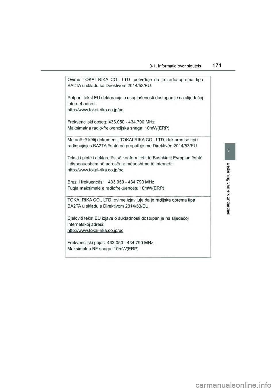 TOYOTA HILUX 2019  Instructieboekje (in Dutch) 1713-1. Informatie over sleutels
3
Bediening van elk onderdeel
HILUX_OM_OM0K375E_(EE)
HILUX_OM_OM0K375E_(EE).book  Page 171  Thursday, April 12, 2018  12:31 PM 