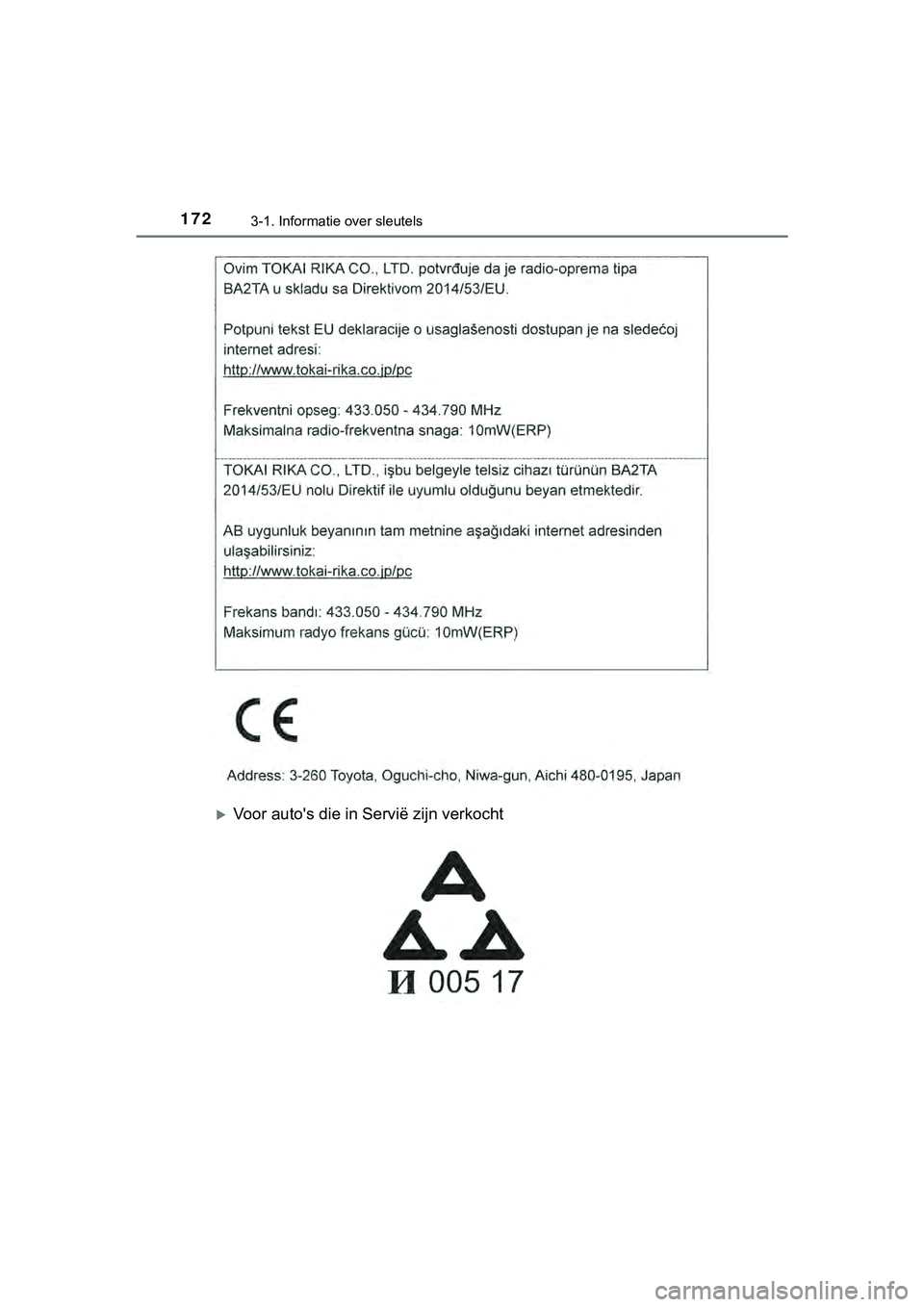 TOYOTA HILUX 2019  Instructieboekje (in Dutch) 1723-1. Informatie over sleutels
HILUX_OM_OM0K375E_(EE)
Voor auto's die in Servië zijn verkocht
HILUX_OM_OM0K375E_(EE).book  Page 172  Thursday, April 12, 2018  12:31 PM 
