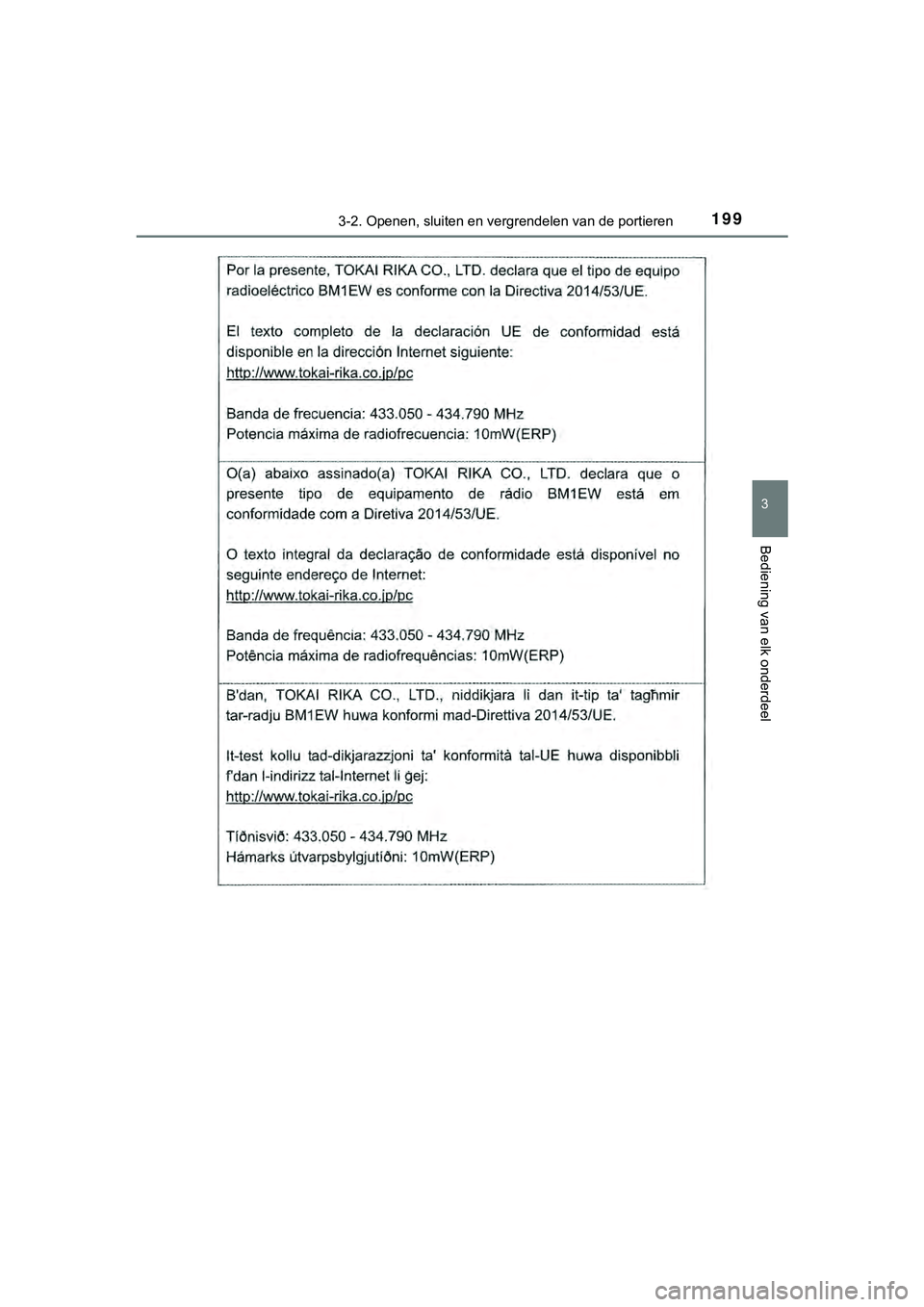 TOYOTA HILUX 2019  Instructieboekje (in Dutch) 1993-2. Openen, sluiten en vergrendelen van de portieren
3
Bediening van elk onderdeel
HILUX_OM_OM0K375E_(EE)
HILUX_OM_OM0K375E_(EE).book   Page 199  Thursday, April 12, 2018  12:31 PM 