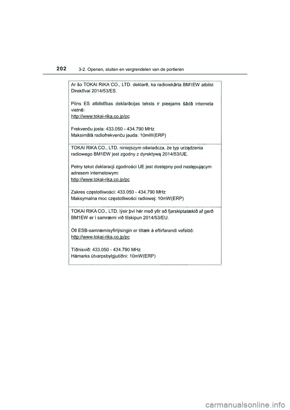 TOYOTA HILUX 2019  Instructieboekje (in Dutch) 2023-2. Openen, sluiten en vergrendelen van de portieren
HILUX_OM_OM0K375E_(EE)
HILUX_OM_OM0K375E_(EE).book  Page 202  Thursday, April 12, 2018  12:31 PM 