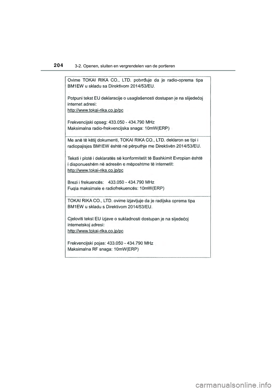 TOYOTA HILUX 2019  Instructieboekje (in Dutch) 2043-2. Openen, sluiten en vergrendelen van de portieren
HILUX_OM_OM0K375E_(EE)
HILUX_OM_OM0K375E_(EE).book  Page 204  Thursday, April 12, 2018  12:31 PM 