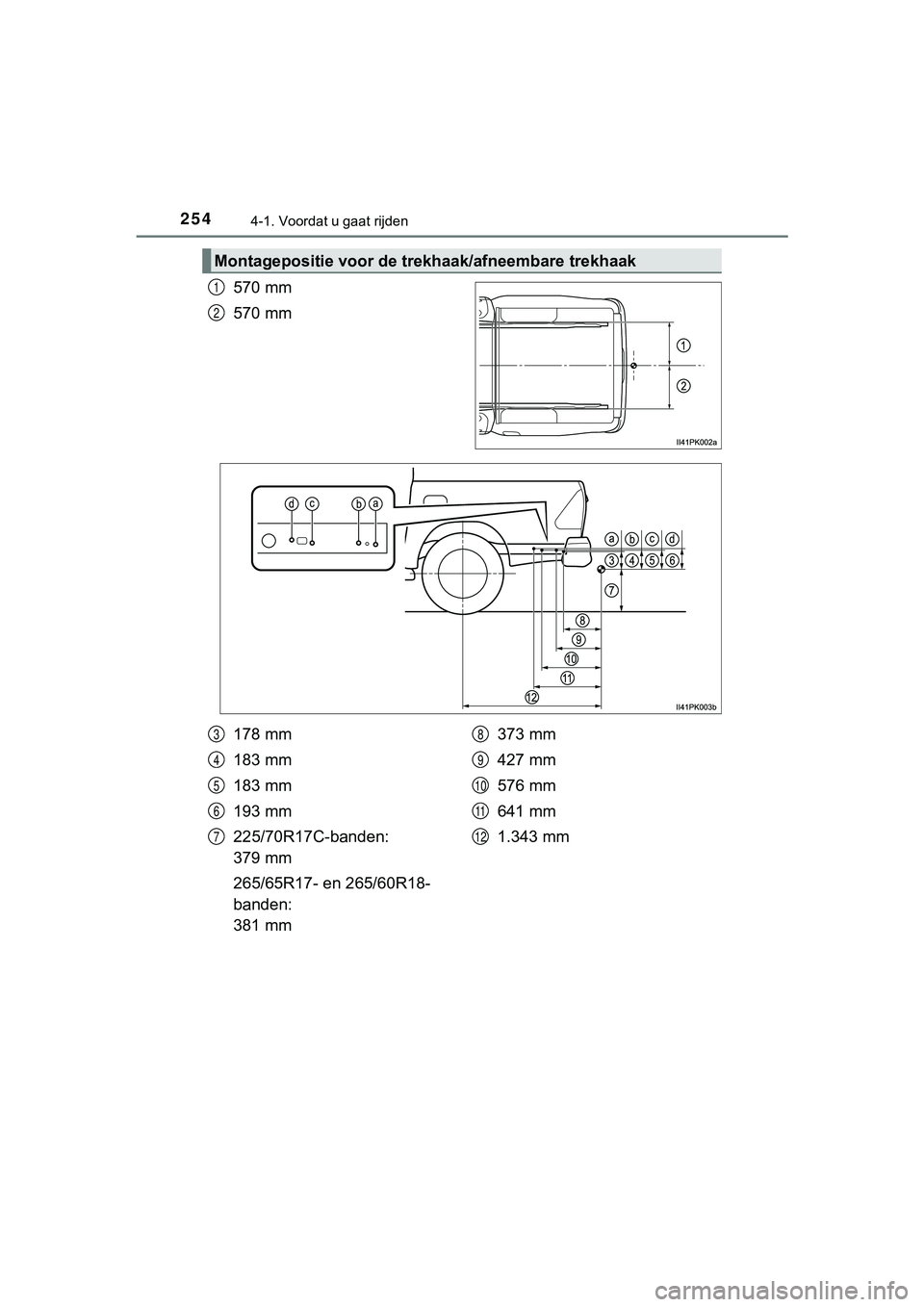 TOYOTA HILUX 2019  Instructieboekje (in Dutch) 2544-1. Voordat u gaat rijden
HILUX_OM_OM0K375E_(EE)
570 mm
570 mm
Montagepositie voor de trekhaak/afneembare trekhaak
1
2
178 mm
183 mm
183 mm
193 mm
225/70R17C-banden: 
379 mm
265/65R17- en 265/60R1